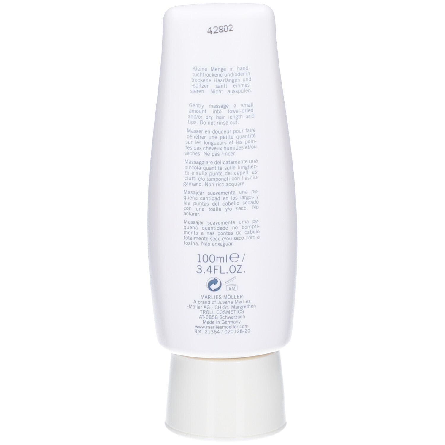 Rückseite des weißen Flakons. Text: 100ml/3.4FL.OZ. Text in mehreren Sprachen.