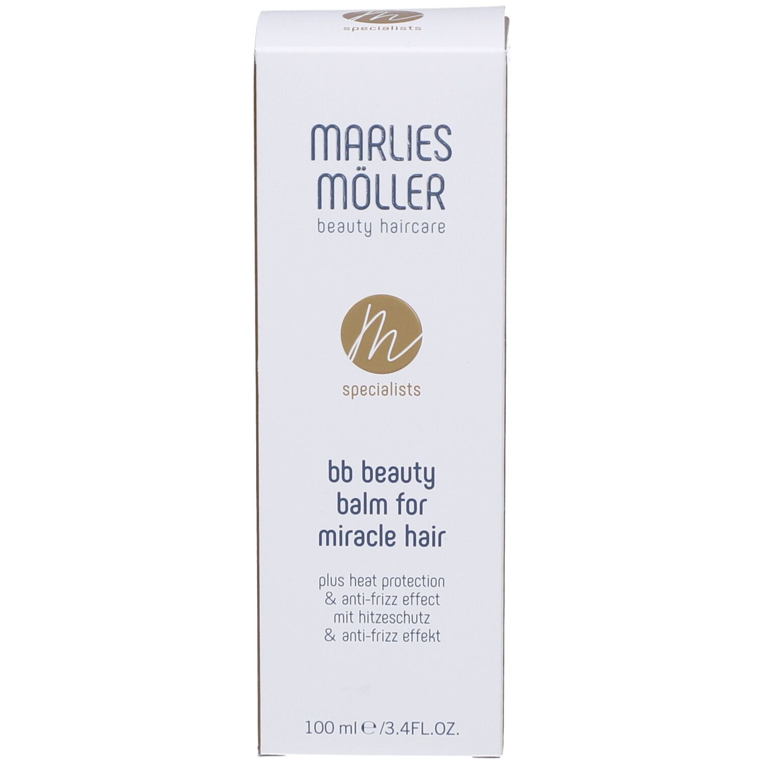 Verpackung. Marke: Marlies Möller. Text: bb beauty balm for miracle hair. Mit Hitzeschutz & Anti-Frizz. 100 ml/3.4FL.OZ.