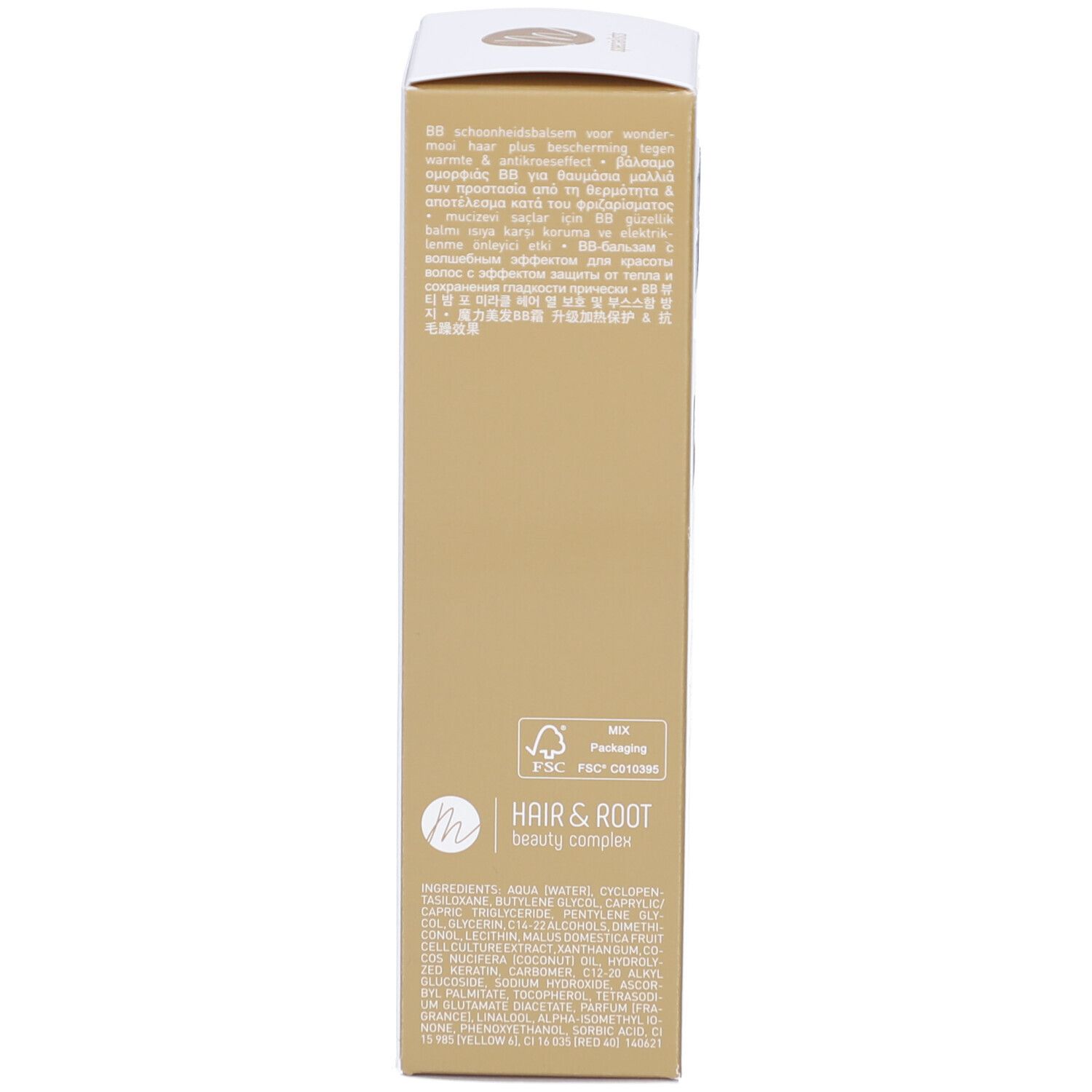 Verpackung, Seite. Text in mehreren Sprachen. Text: Hair & Root beauty complex.