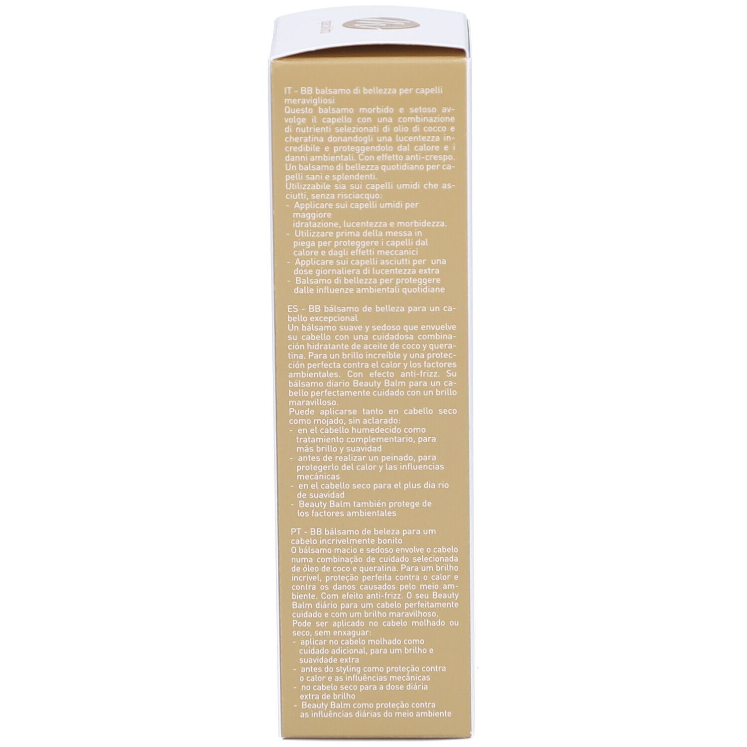 Verpackung, Seite. Text in mehreren Sprachen. Text: bb beauty balm for miracle hair.