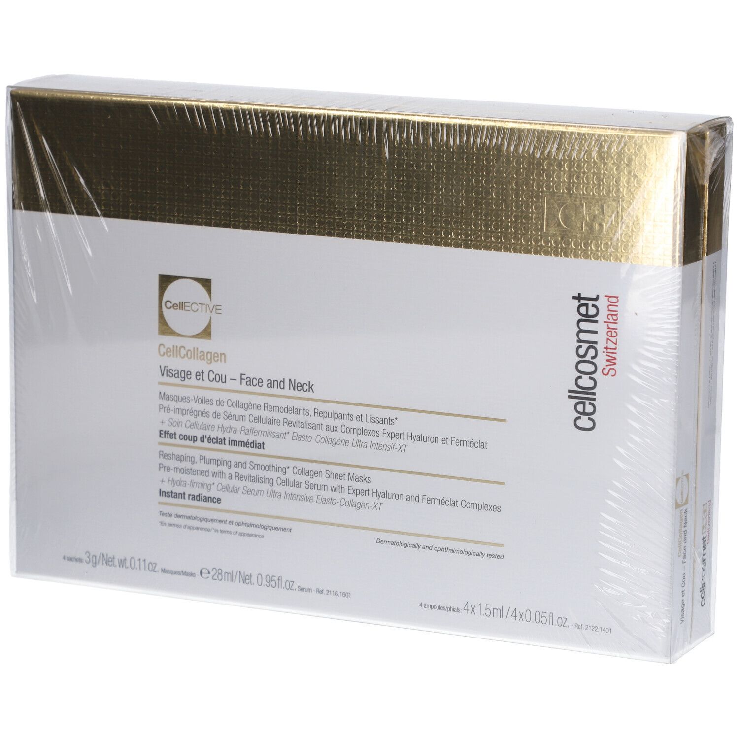 Verpackung von Cellcosmet CellEctive Face and Neck Mask. Weißer Karton mit goldfarbenem Deckel. Produktname und Marke sichtbar.