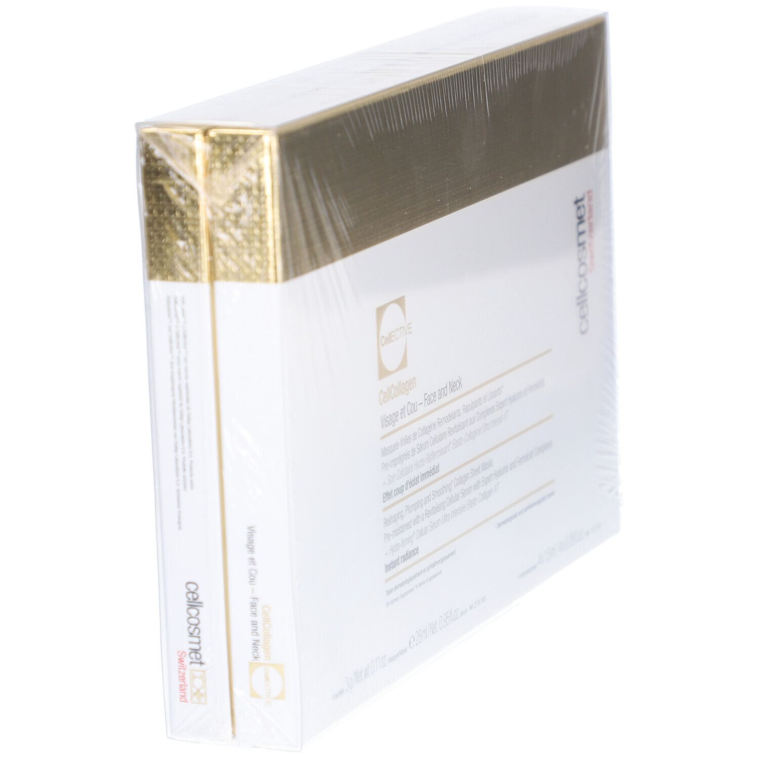 Cellcosmet CellEctive Face and Neck Mask Verpackung, schräg. Weißer Karton mit goldfarbenem Deckel. Marke und Produktname sichtbar.