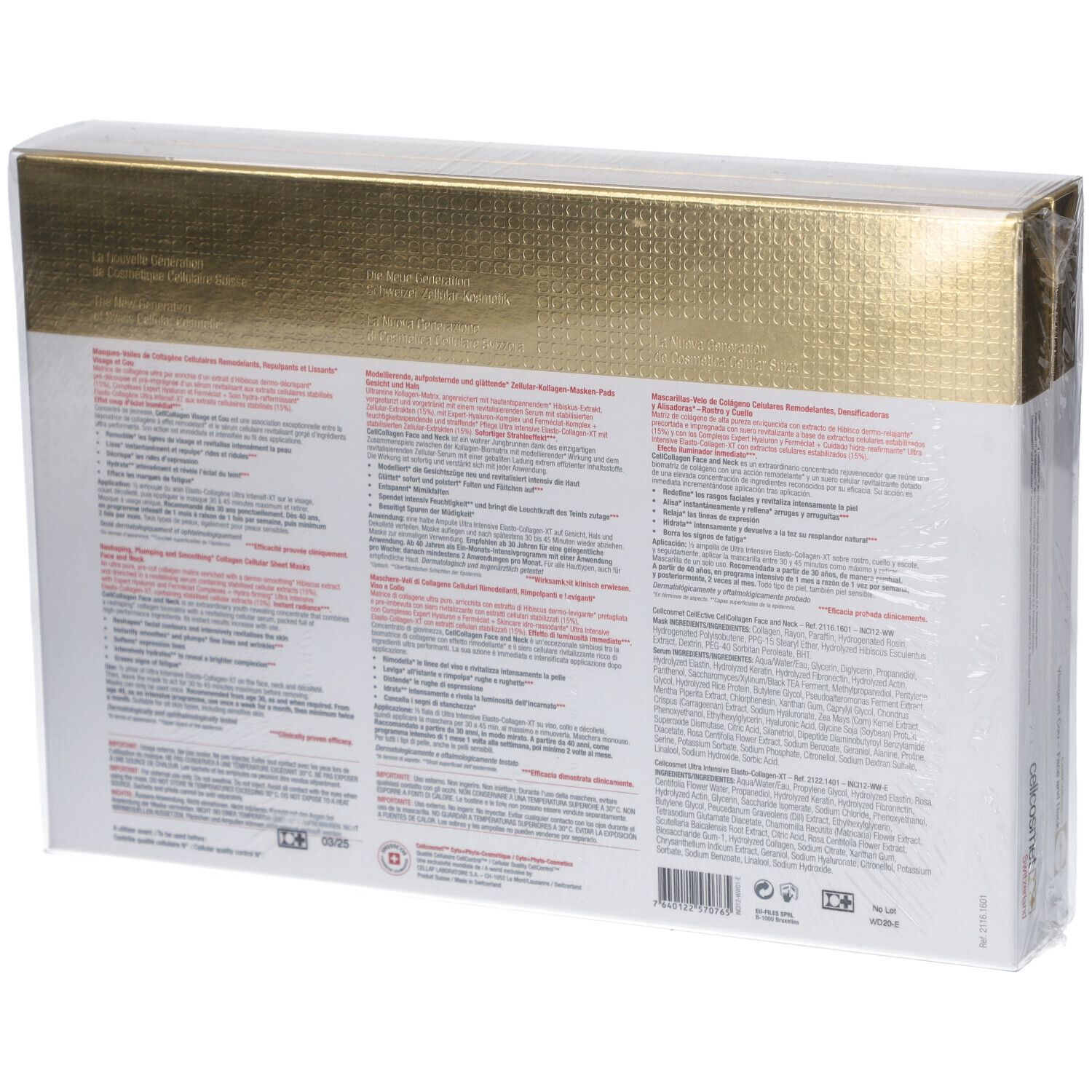 Rückseite der Cellcosmet CellEctive Face and Neck Mask Verpackung. Text in mehreren Sprachen. Marke und Produktname sichtbar.