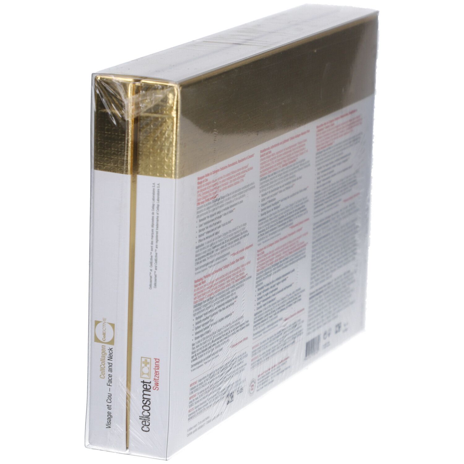 Seite der Cellcosmet CellEctive Face and Neck Mask Verpackung. Text in mehreren Sprachen. Marke und Produktname sichtbar.