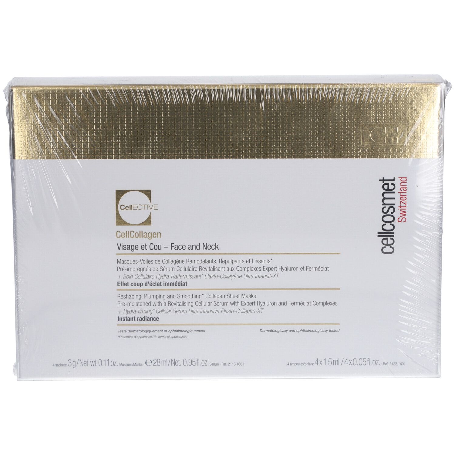 Cellcosmet CellEctive Face and Neck Mask Verpackung. Weißer Karton mit goldfarbenem Deckel. Produktname und Marke sichtbar.