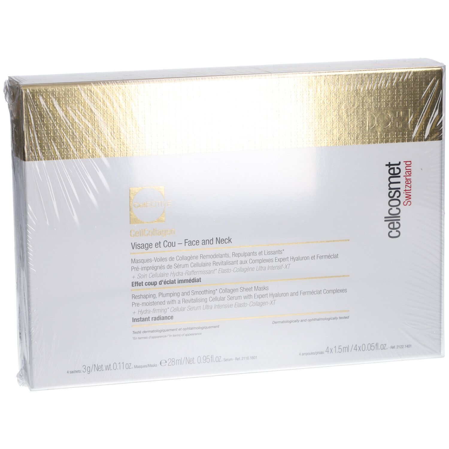 Cellcosmet CellEctive Face and Neck Mask Verpackung. Weißer Karton mit goldfarbenem Deckel. Produktname und Marke sichtbar.