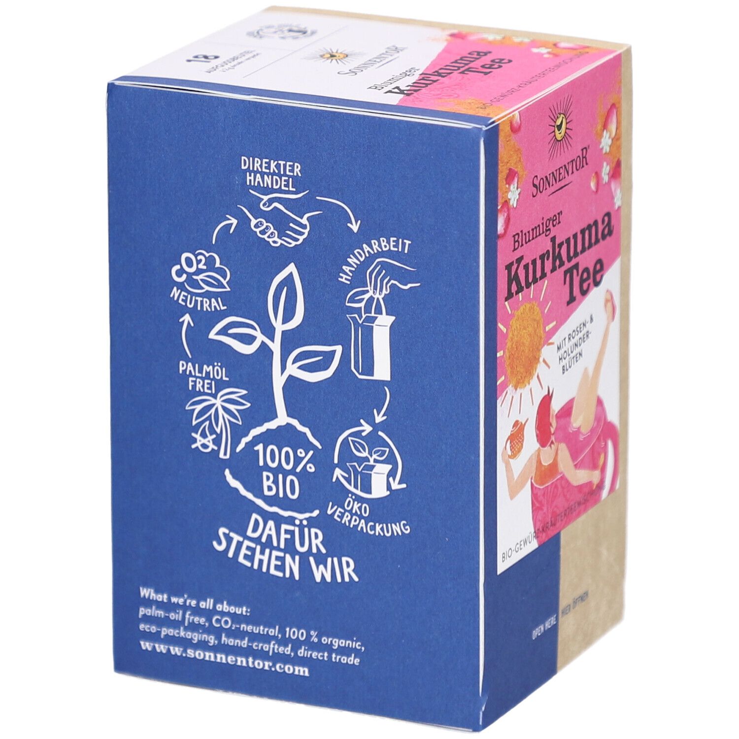Blaue Seite der Teebox mit Logos und Texten: 100% Bio, Palmölfrei, CO2-neutral, Direkter Handel, Handarbeit, Öko Verpackung.