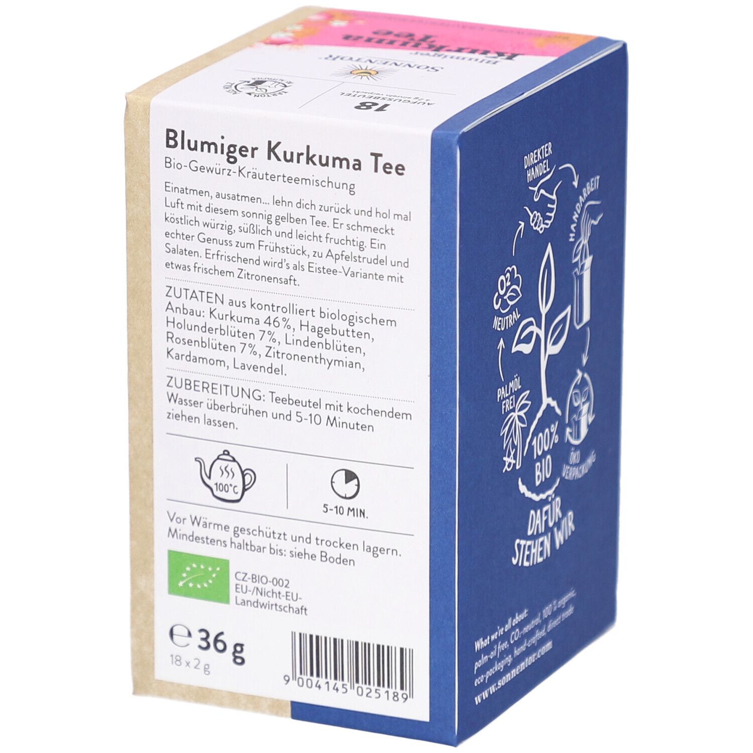 Teebox mit Zutatenliste und Zubereitungshinweisen. Enthält 36g Teebeutel. Bio-Zertifizierung. Text auf Deutsch.