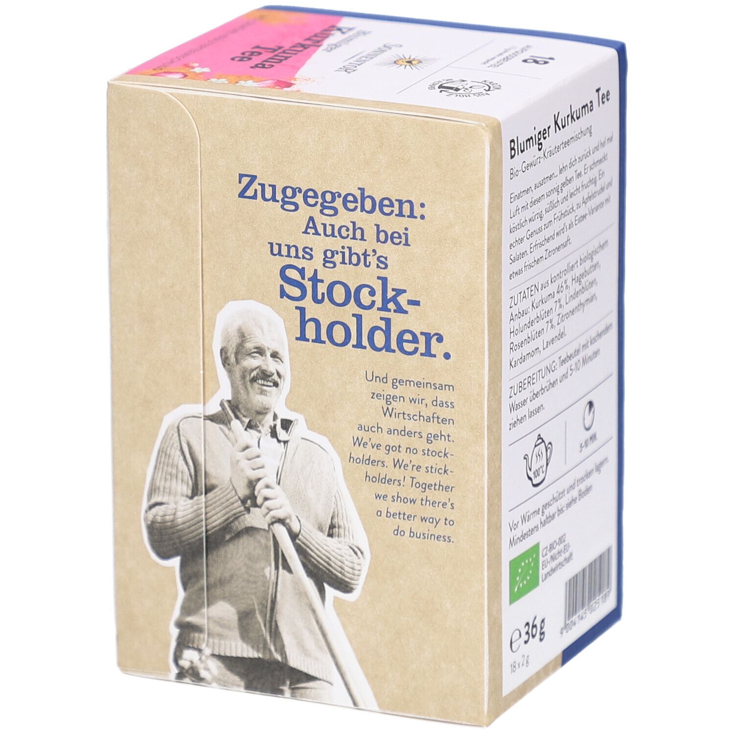 Teebox mit Text und Abbildung eines Mannes. Aufschrift: Zugestanden: Auch bei uns gibt's Stock-holder.