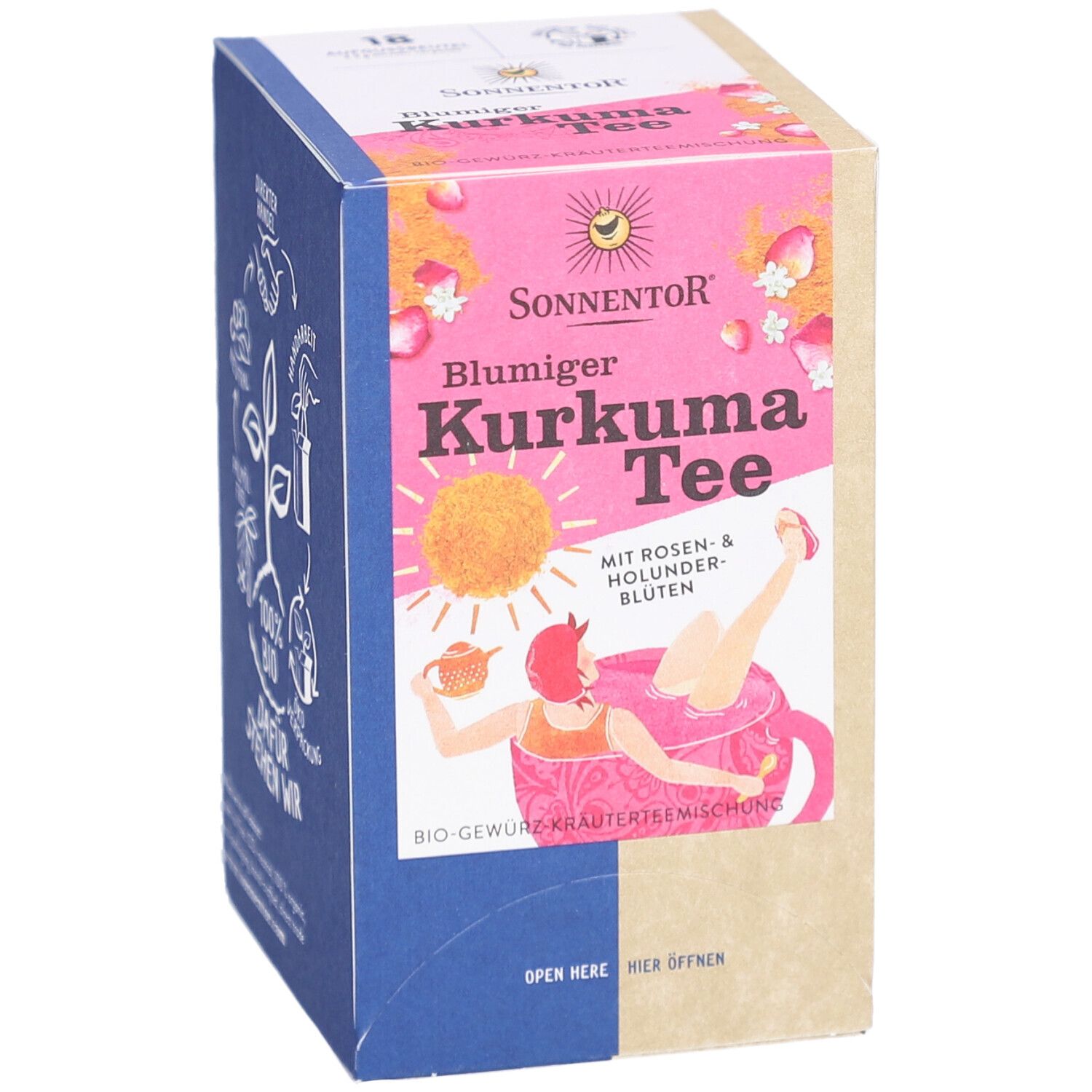 Karton Sonnentor Blumiger Kurkuma Tee, rosa-gelbes Design, Frau in Tasse. Aufschrift: Bio-Gewürz-Kräutermischung.