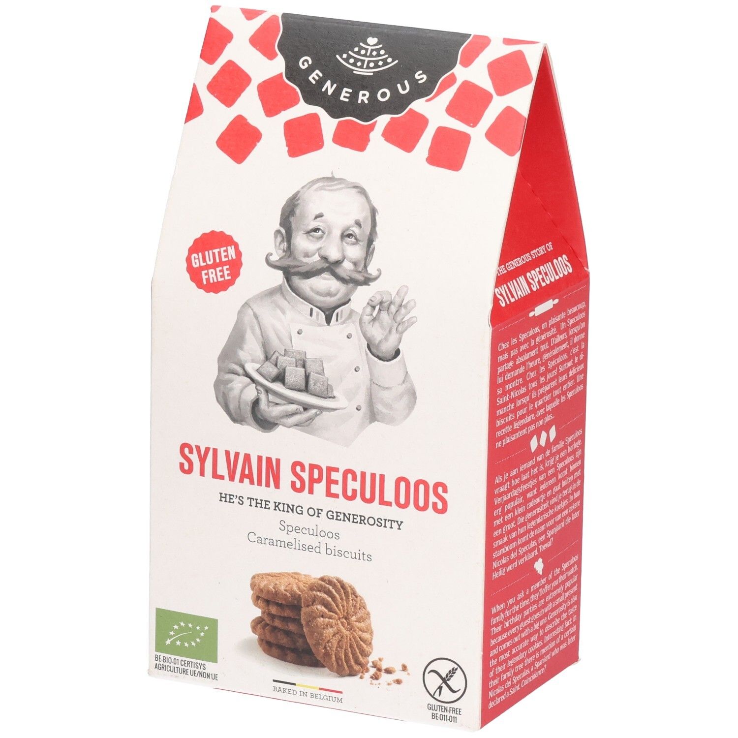 Verpackung mit "Generous Sylvain Speculoos glutenfrei". Abbildung eines Kochs. Aufdruck "glutenfrei". Stapel Kekse.