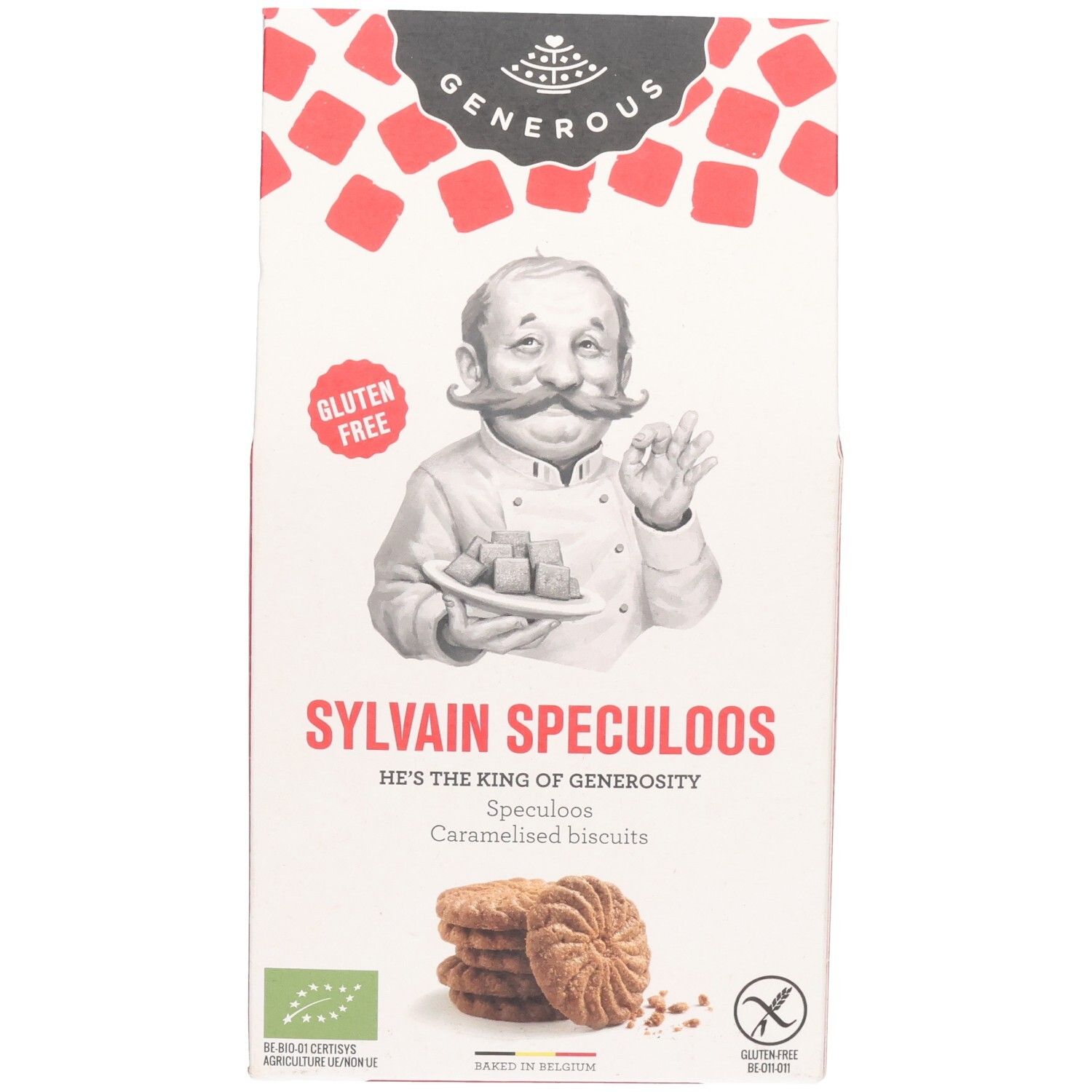 Vorderseite der Verpackung "Generous Sylvain Speculoos glutenfrei". Abbildung eines Kochs. Aufdruck "glutenfrei". Stapel Kekse.
