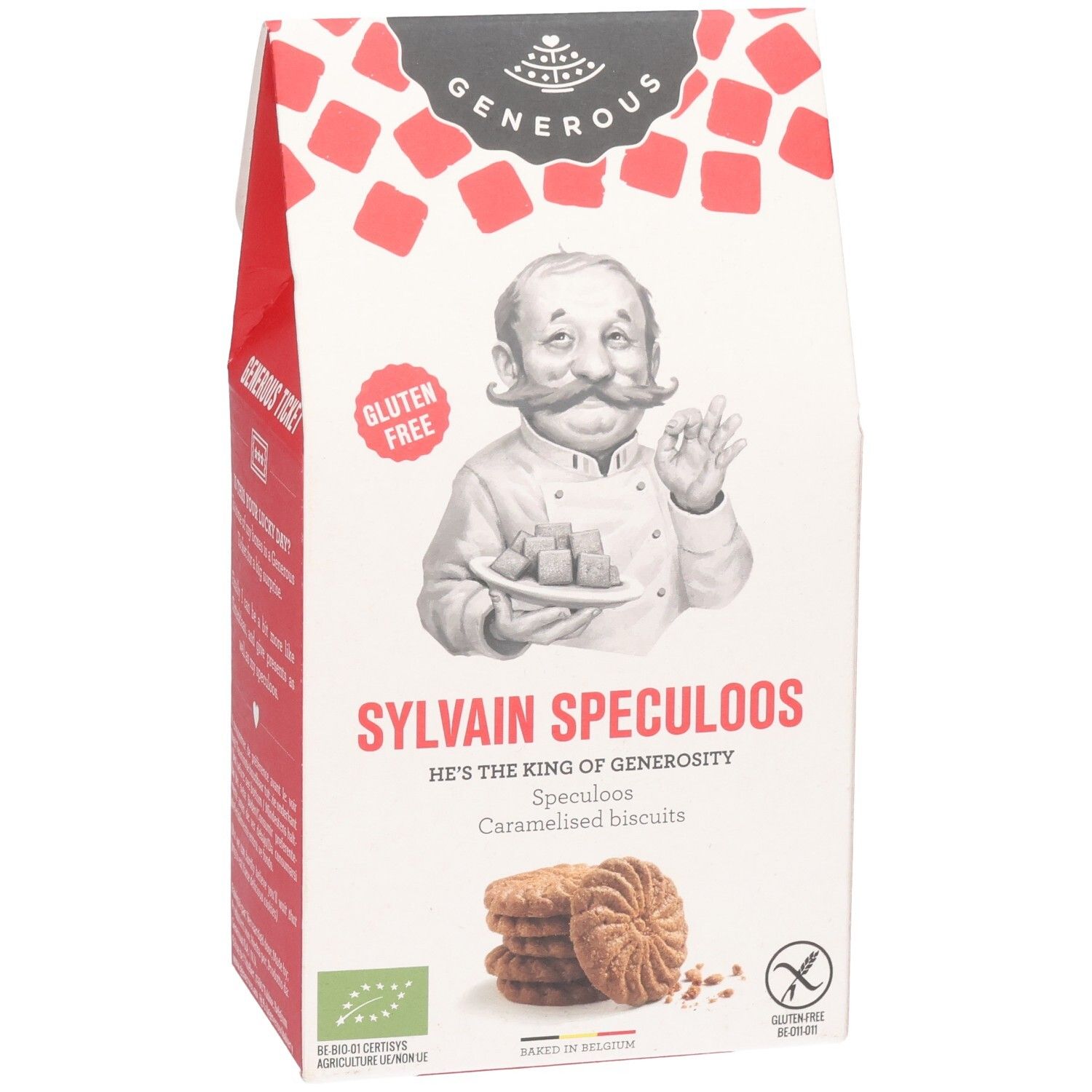 Verpackung "Generous Sylvain Speculoos glutenfrei". Abbildung eines Kochs. Aufdruck "glutenfrei". Stapel Kekse.