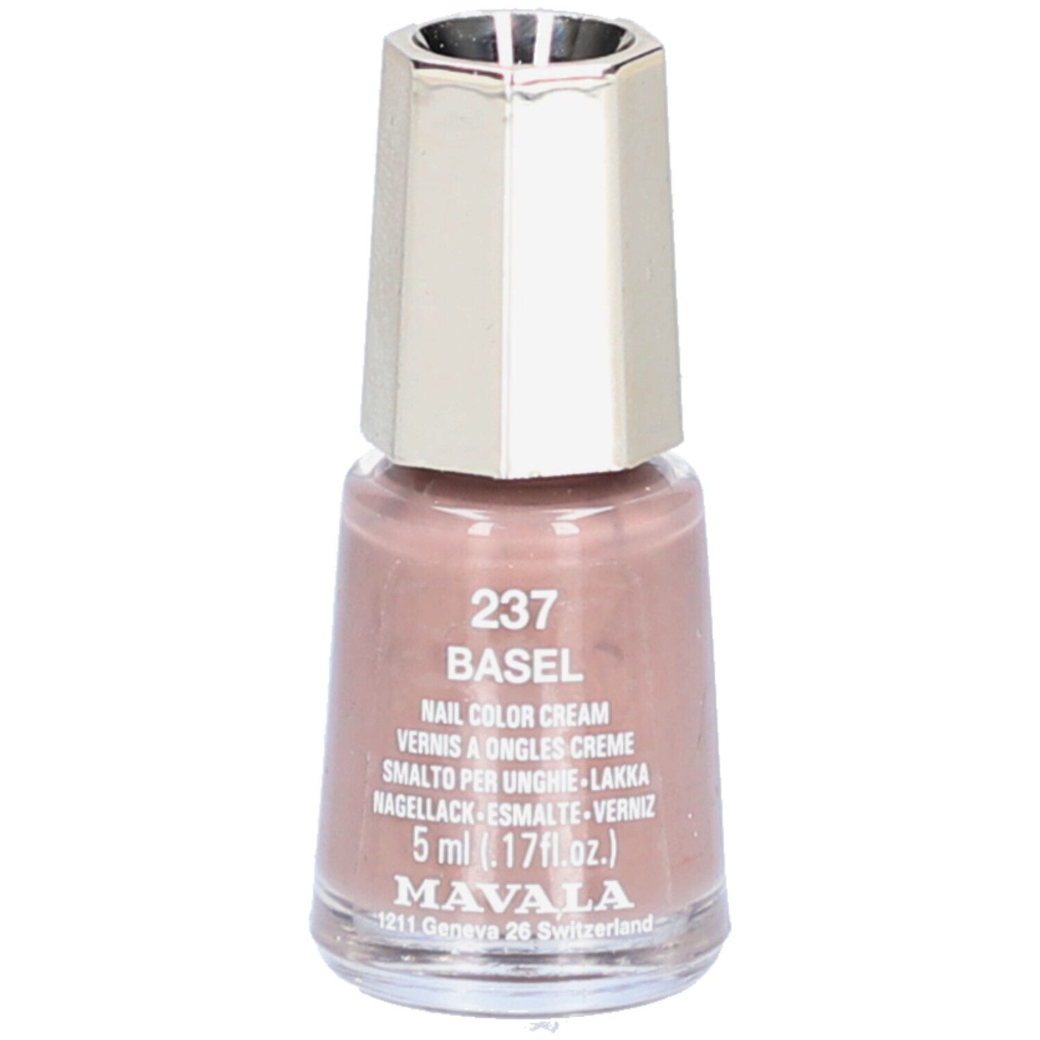 Nagellackflasche mit rosafarbenem Inhalt. Silberfarbener Deckel. Aufschrift: 237 BASEL, Nail Color Cream, 5 ml.