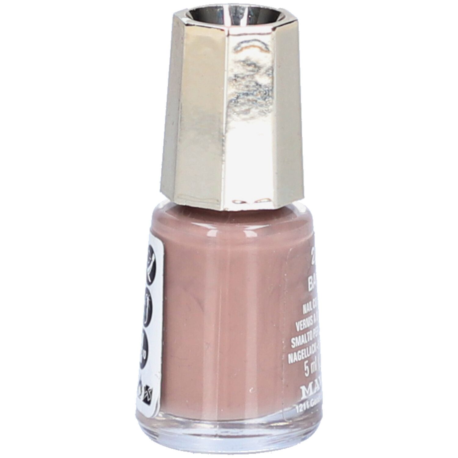 Nagellackflasche mit rosafarbenem Inhalt. Silberfarbener Deckel. Aufkleber mit Text und Symbolen.