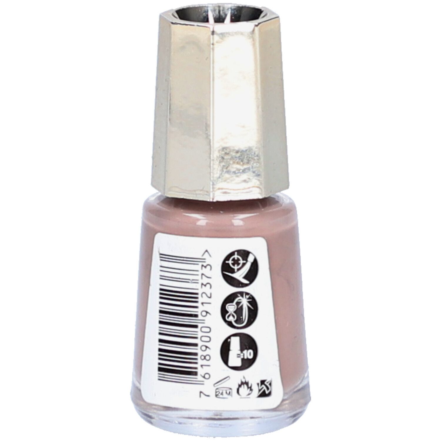 Nagellackflasche mit rosafarbenem Inhalt. Silberfarbener Deckel. Aufkleber mit Barcode und Symbolen.