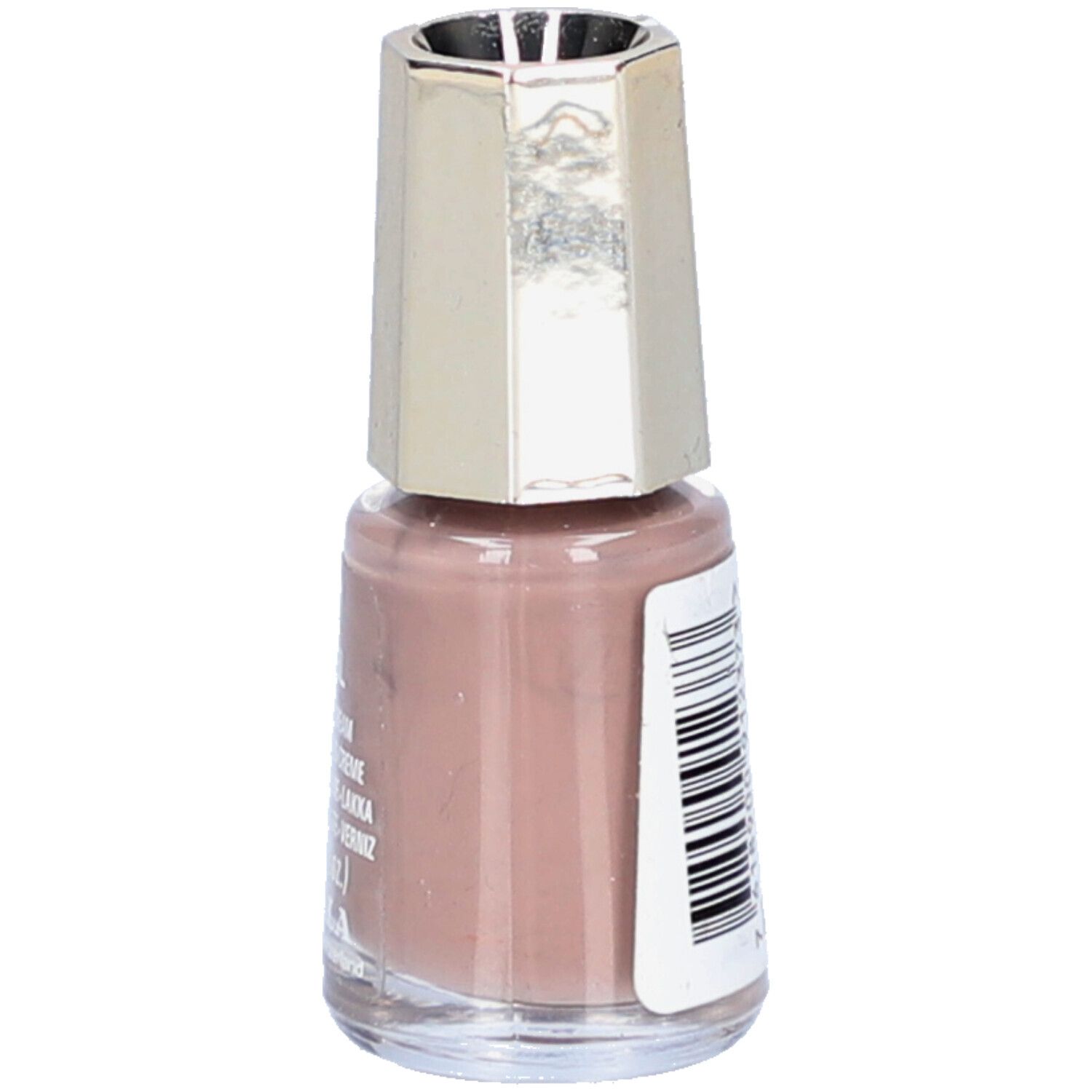 Nagellackflasche mit rosafarbenem Inhalt. Silberfarbener Deckel. Aufkleber mit Text.