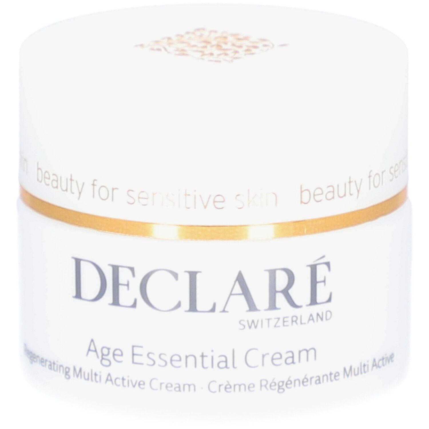 Weißer Tiegel mit goldfarbenem Ring. DECLARÉ Age Essential Cream, Schriftzug. Für empfindliche Haut.