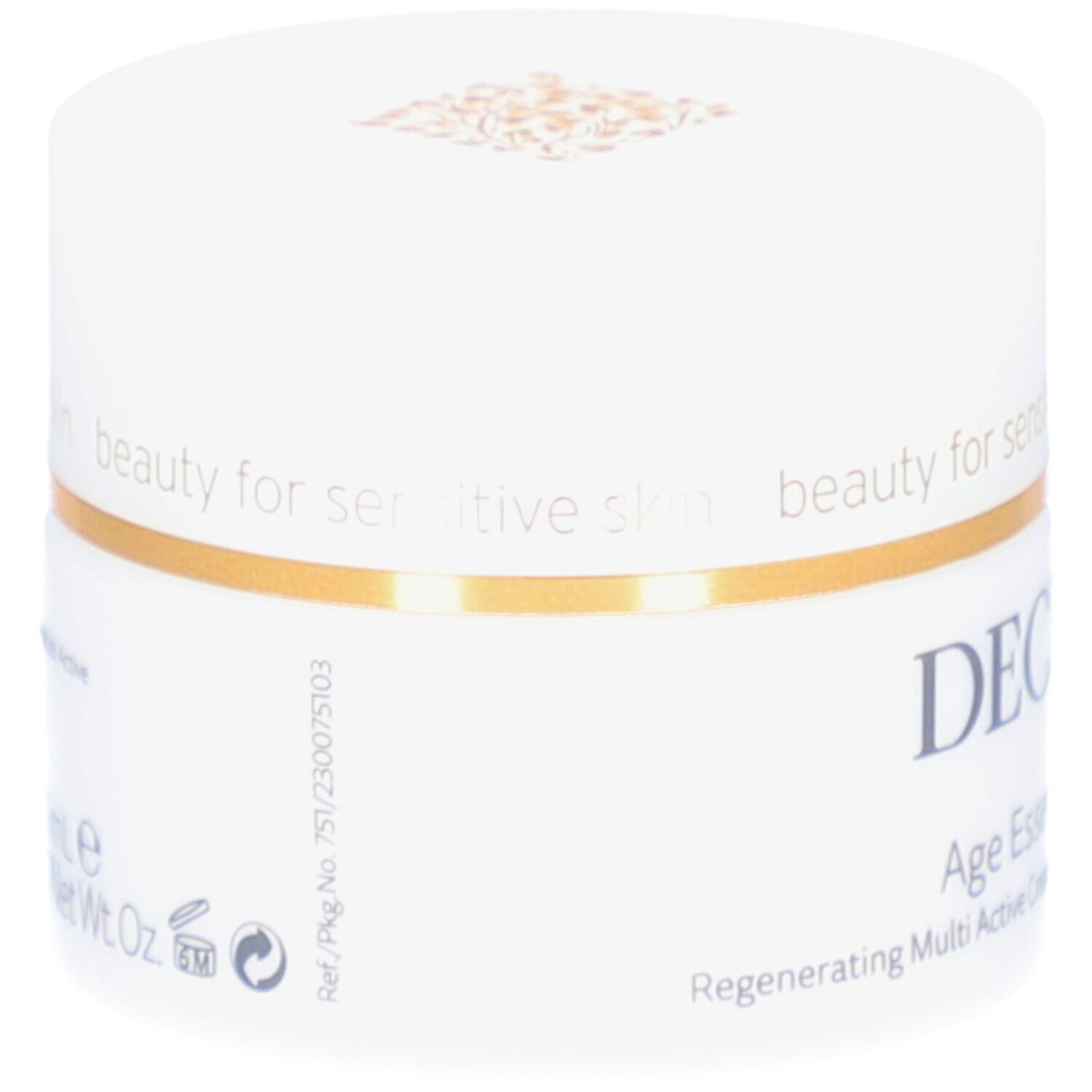 Weißer Tiegel mit goldfarbenem Ring. DECLARÉ Age Essential Cream. Text auf der Seite. Für empfindliche Haut.