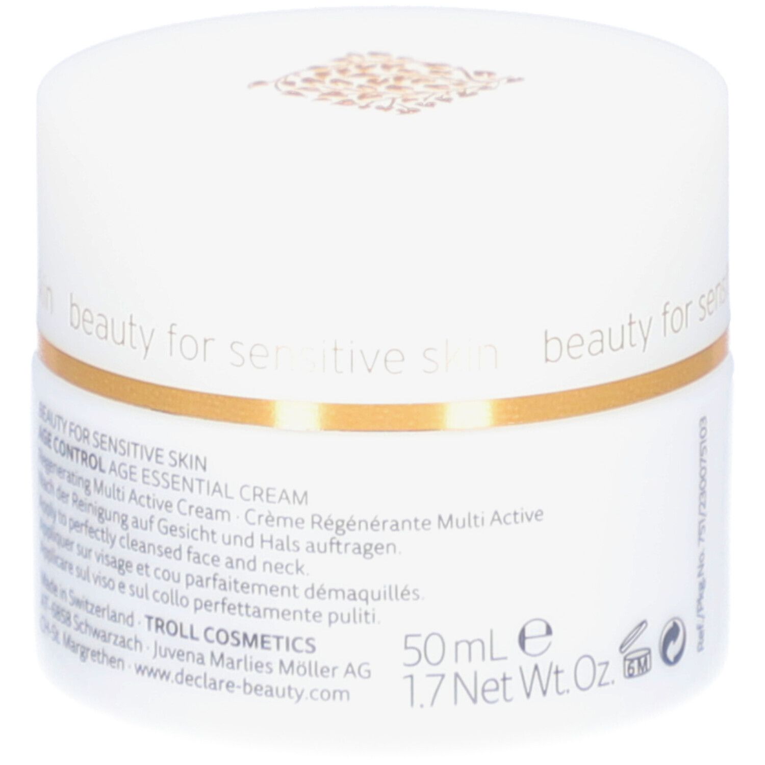 Weißer Tiegel mit goldfarbenem Ring. DECLARÉ Age Essential Cream. Text auf der Seite. 50 ml.
