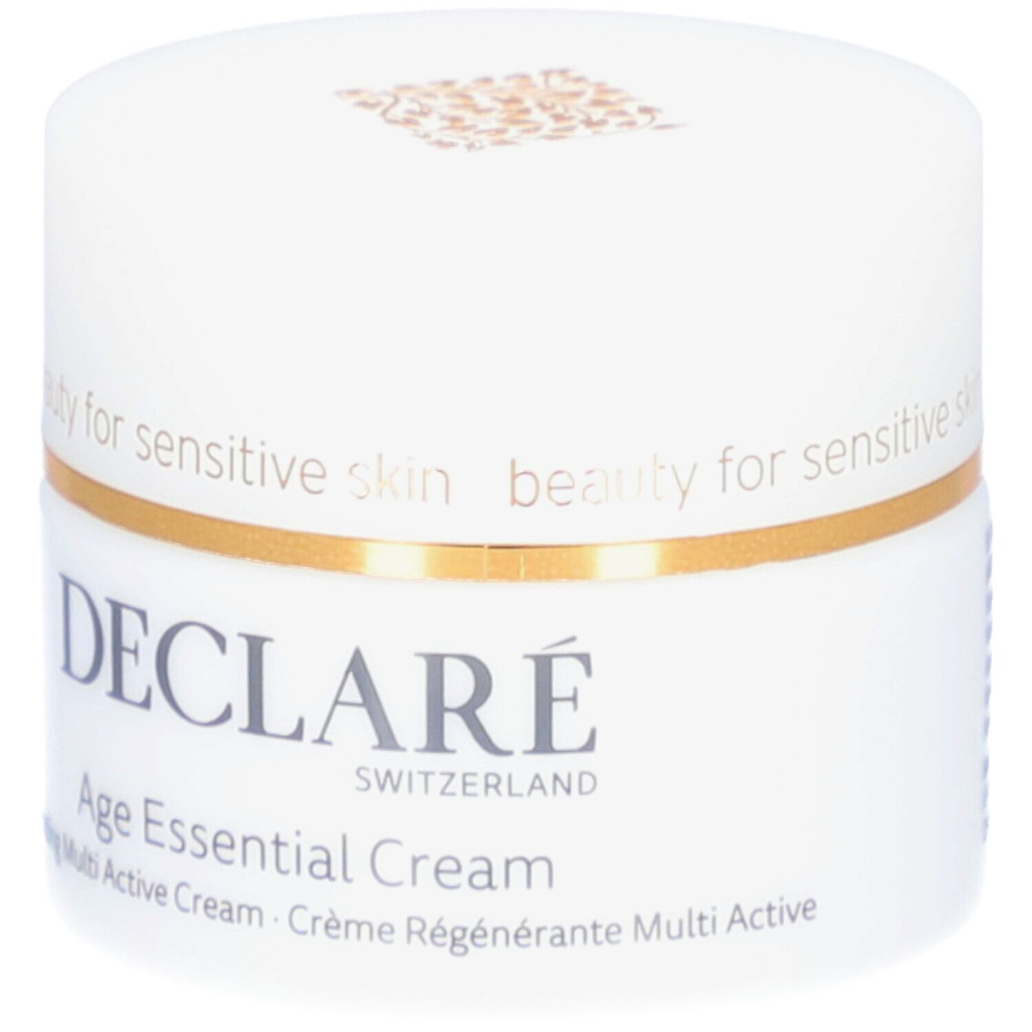 Weißer Tiegel mit goldfarbenem Ring. DECLARÉ Age Essential Cream, Schriftzug. Für empfindliche Haut.