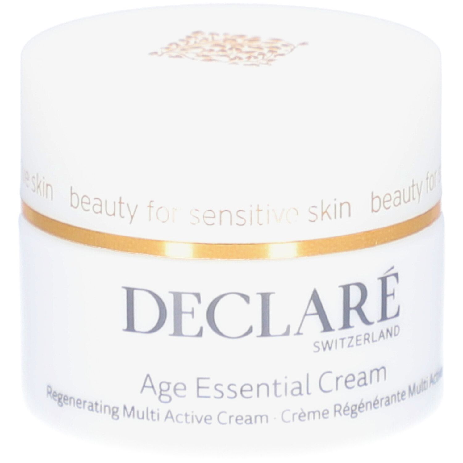 Weißer Tiegel mit goldfarbenem Ring. DECLARÉ Age Essential Cream, Schriftzug. Für empfindliche Haut.