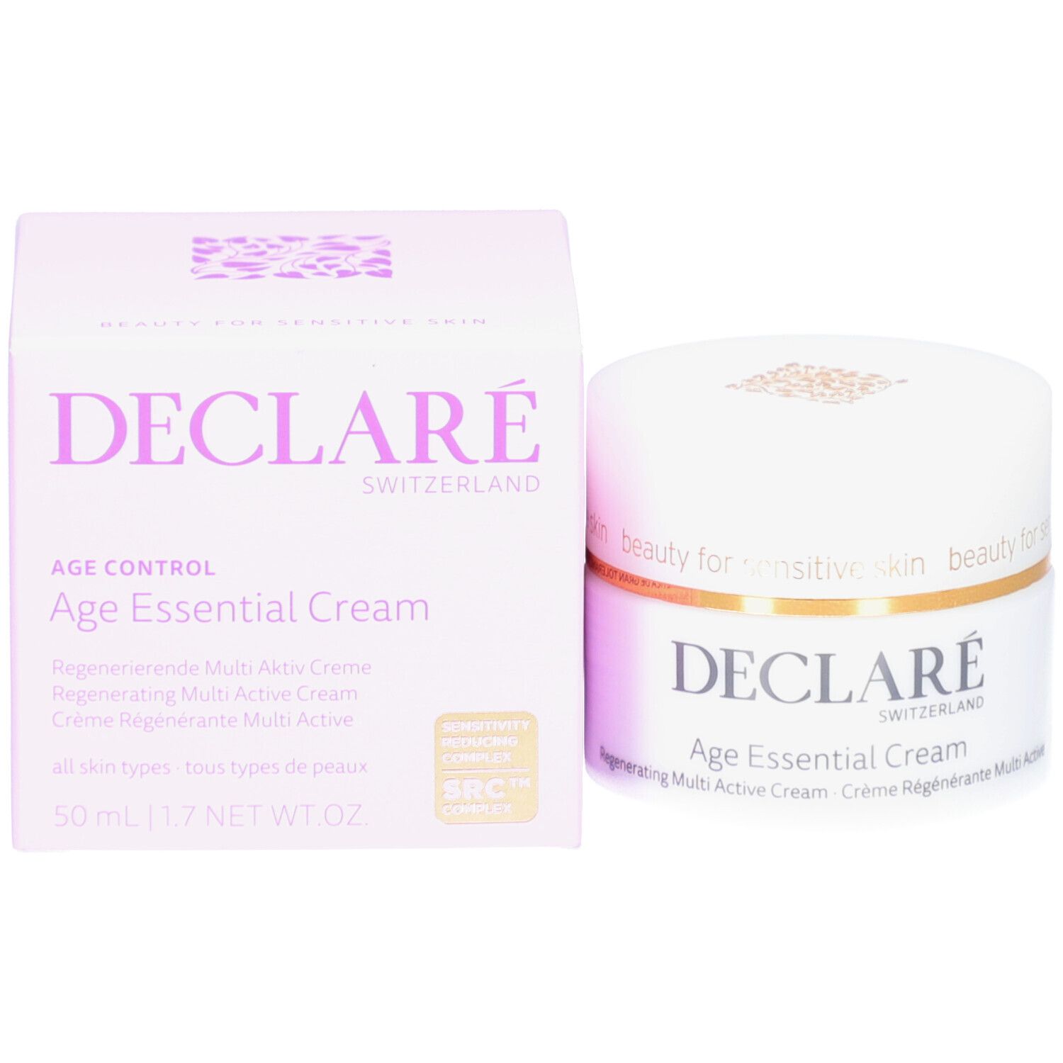 Produktverpackung und Tiegel. DECLARÉ Age Essential Cream. 50 ml. Mit Zertifizierung.