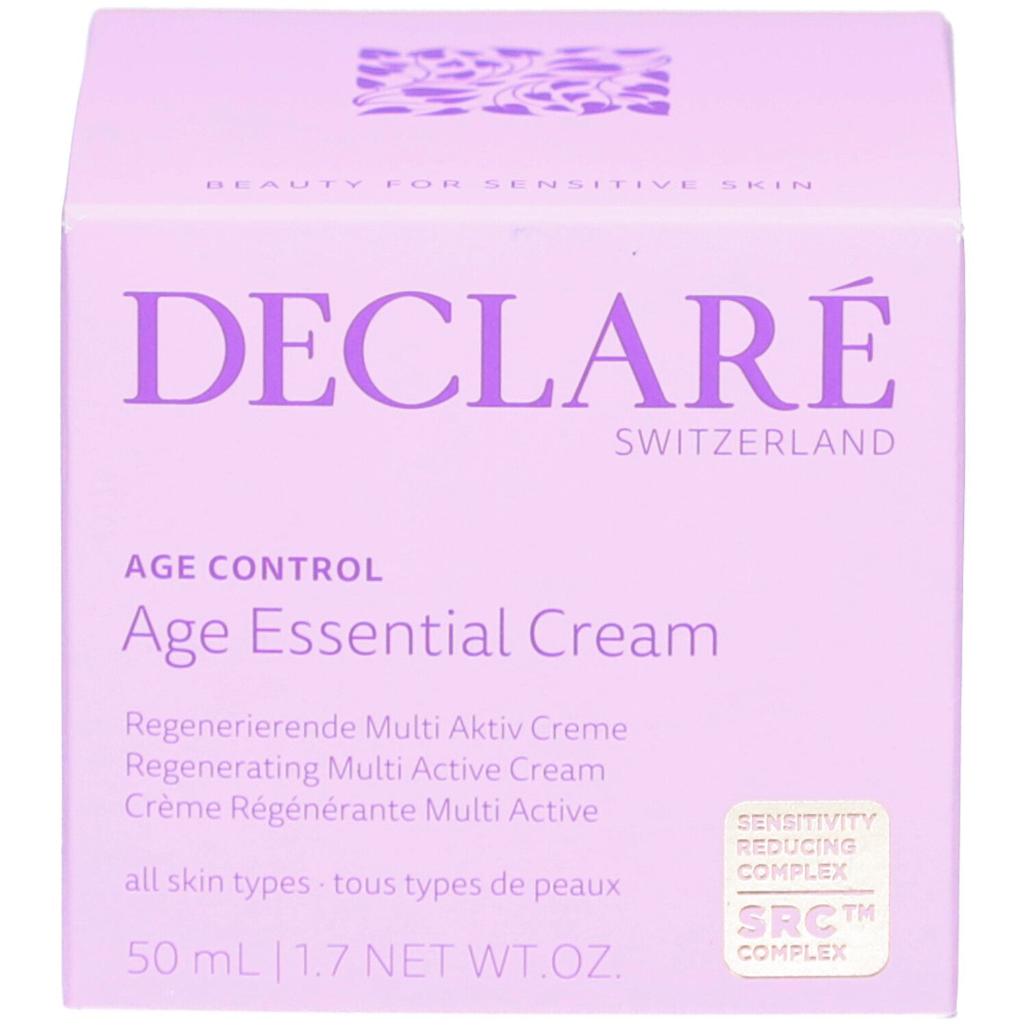 Lila Produktverpackung. DECLARÉ Age Essential Cream. 50 ml. Mit Zertifizierung.