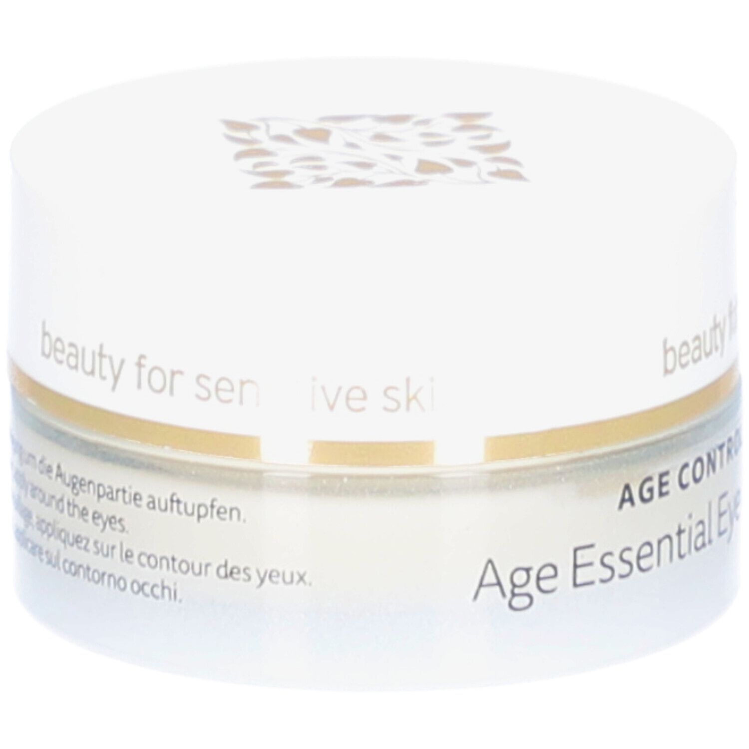 Cremebehälter mit Deckel. Aufschrift: DECLARÉ SWITZERLAND. Age Essential Eye Cream. Text in Deutsch, Französisch, Italienisch.