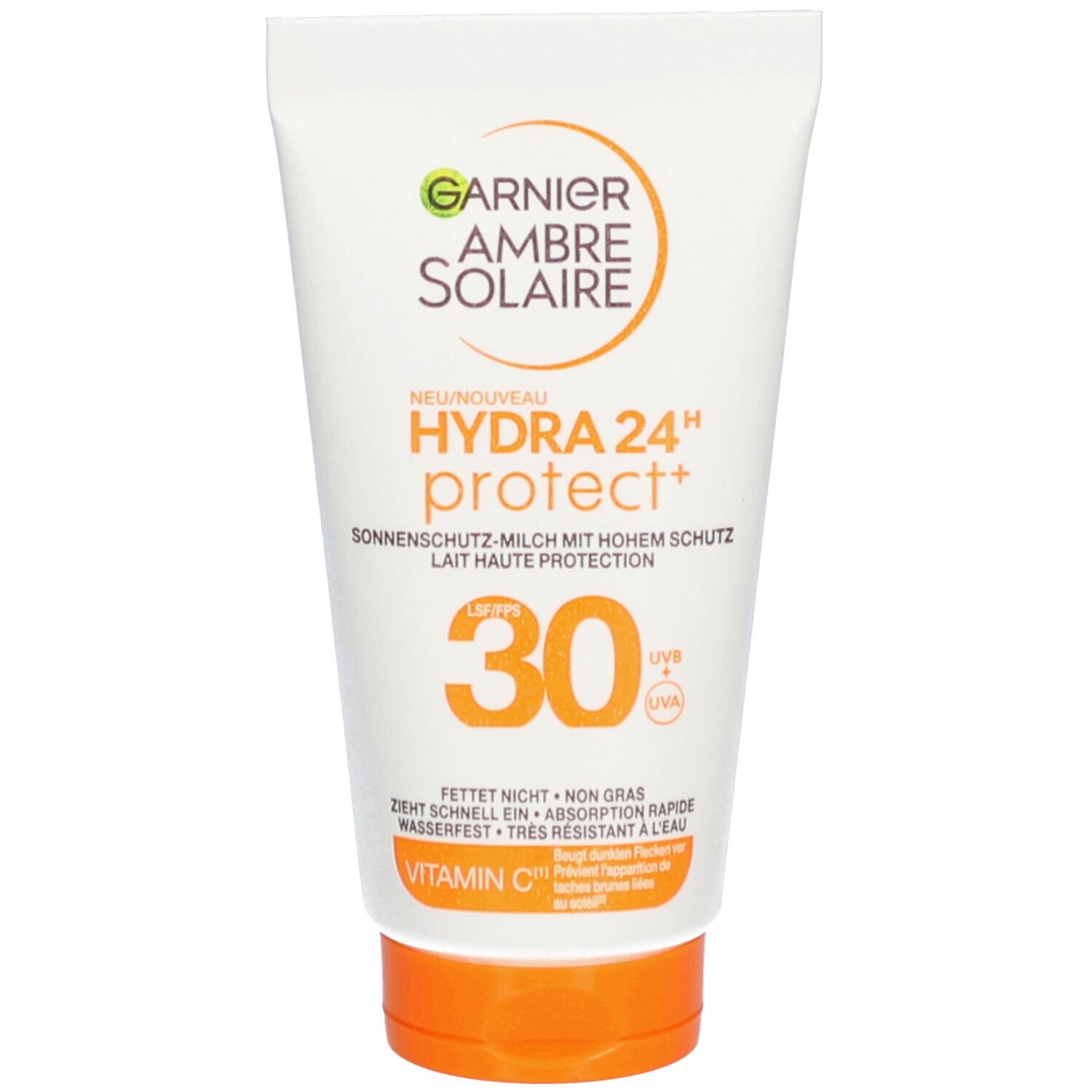 Weiße Tube mit orangefarbenem Deckel. Aufschrift: Garnier Ambre Solaire, Hydra 24H protect+ SPF 30. Grün-oranges Logo.