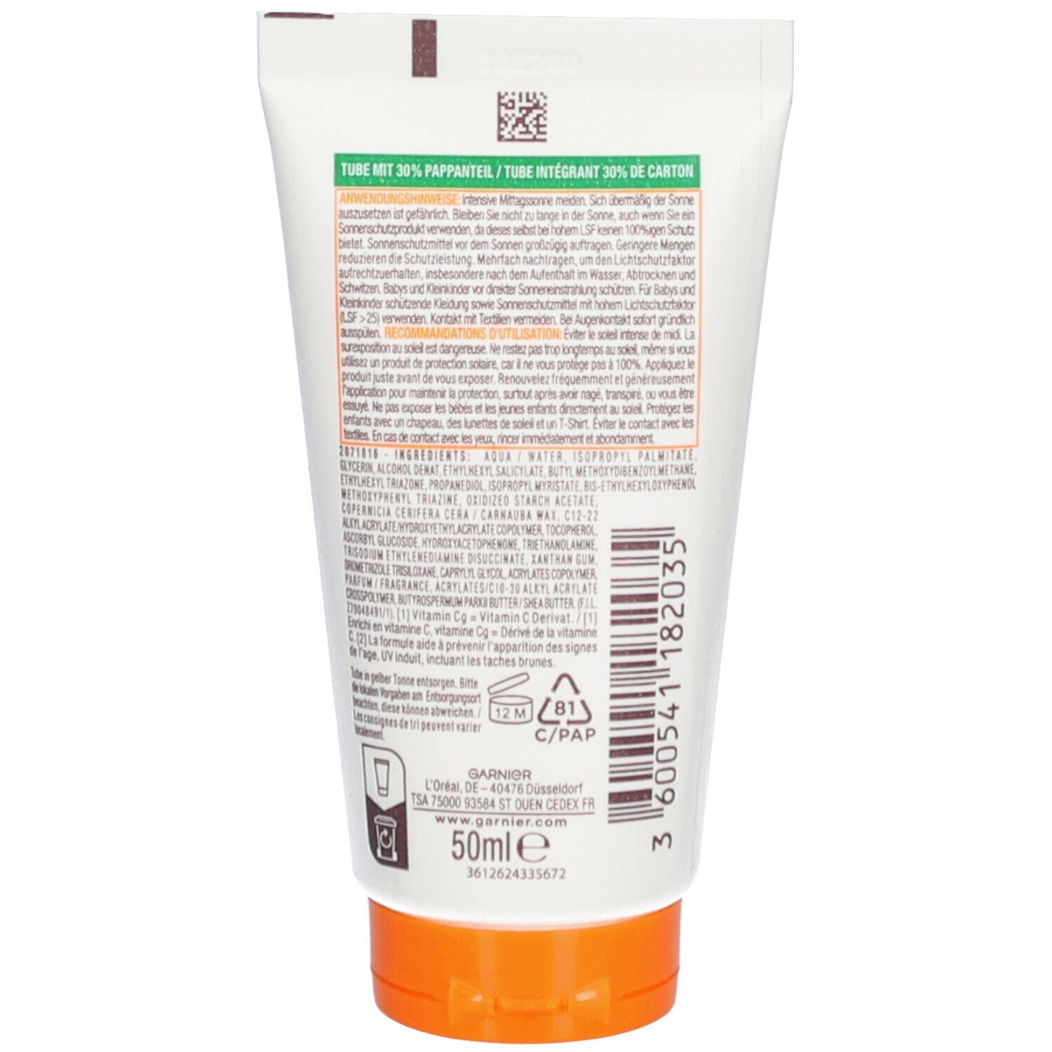 Rückseite der Tube. Text und Barcode. Orangefarbener Deckel. Aufschrift: 50ml. Logo. Informationen über Inhaltsstoffe.