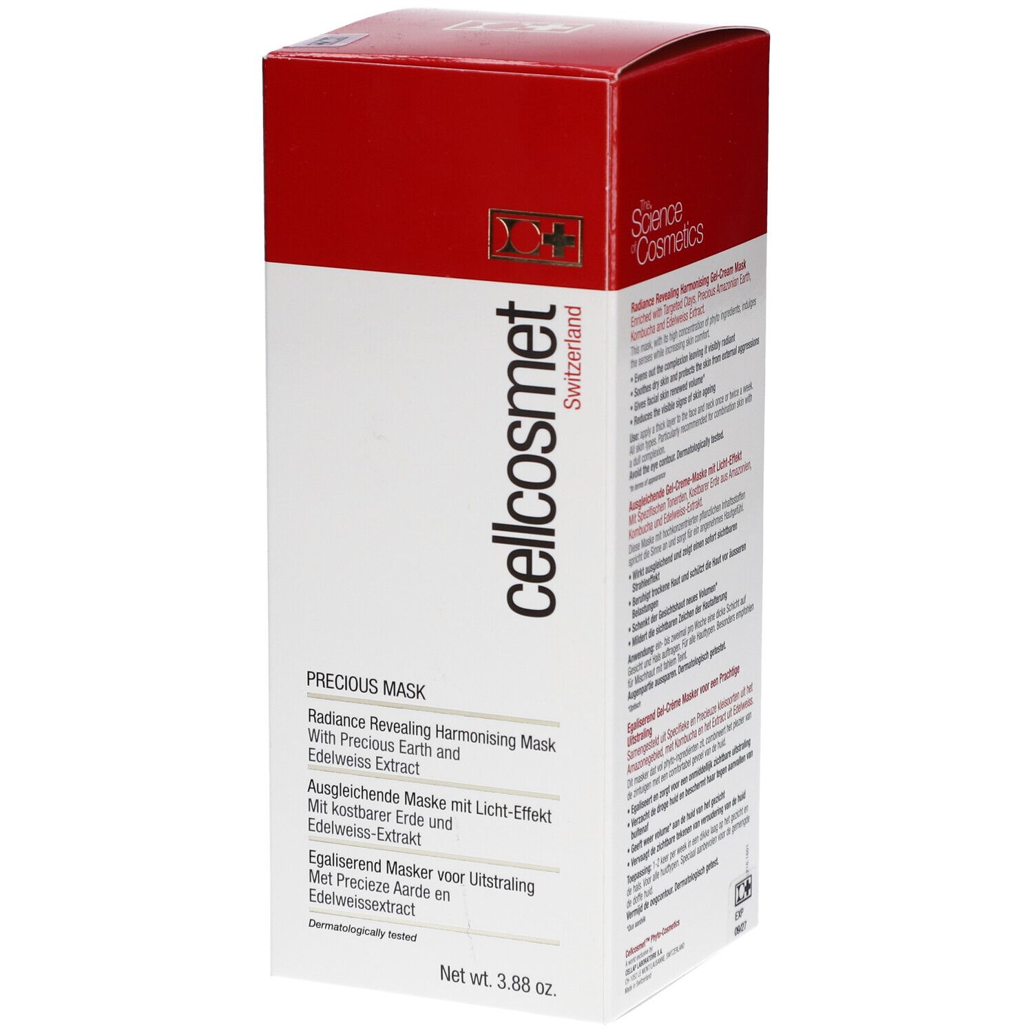 Verpackung von Cellcosmet Precious Maske. Weißer Karton mit rotem Deckel. Text: cellcosmet, Precious Mask, Swiss Cosmetics.