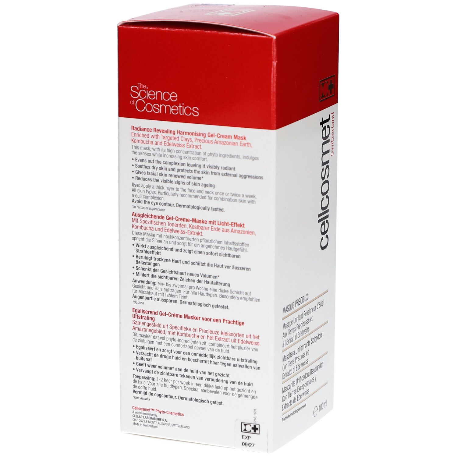 Rückseite der Cellcosmet Precious Maske Verpackung. Weißer Karton mit rotem Deckel. Text in mehreren Sprachen, 100ml.