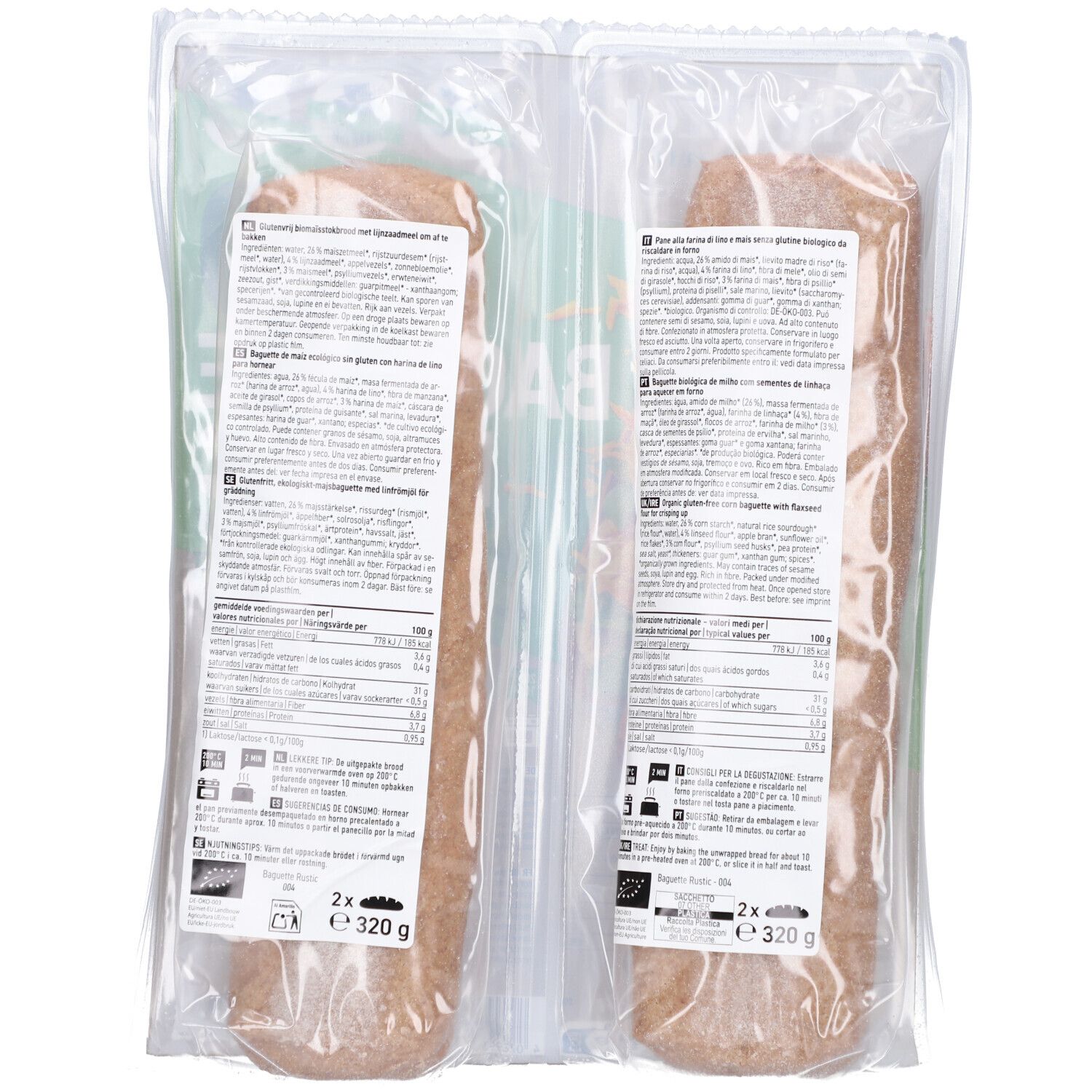 Zwei glutenfreie Baguettes in Folienverpackung. Aufdrucke mit Nährwertangaben und Zertifizierungen.