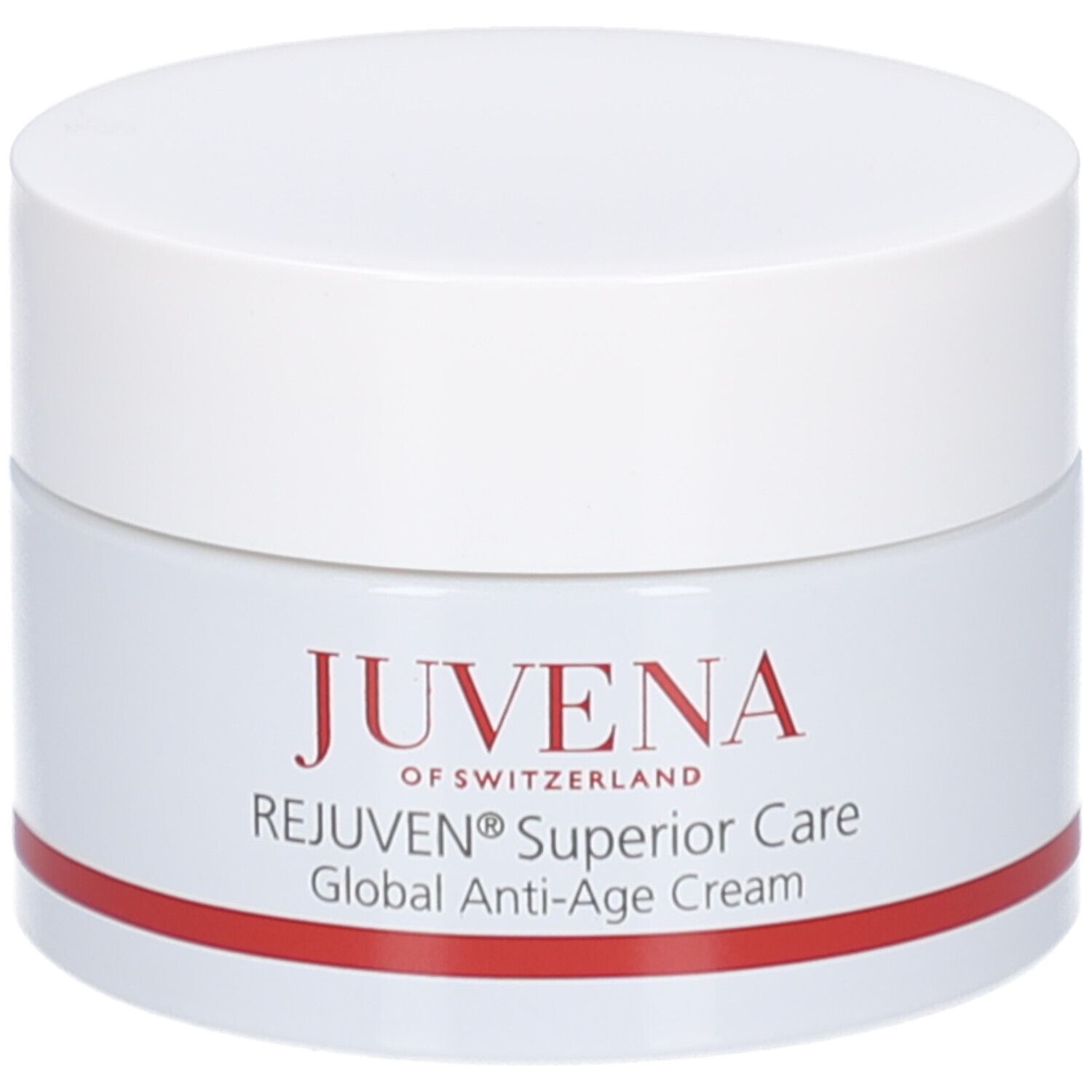 Creme-Tiegel mit weißem Deckel. Aufschrift: JUVENA, REJUVEN® Superior Care, Global Anti-Age Cream. Roter Streifen.