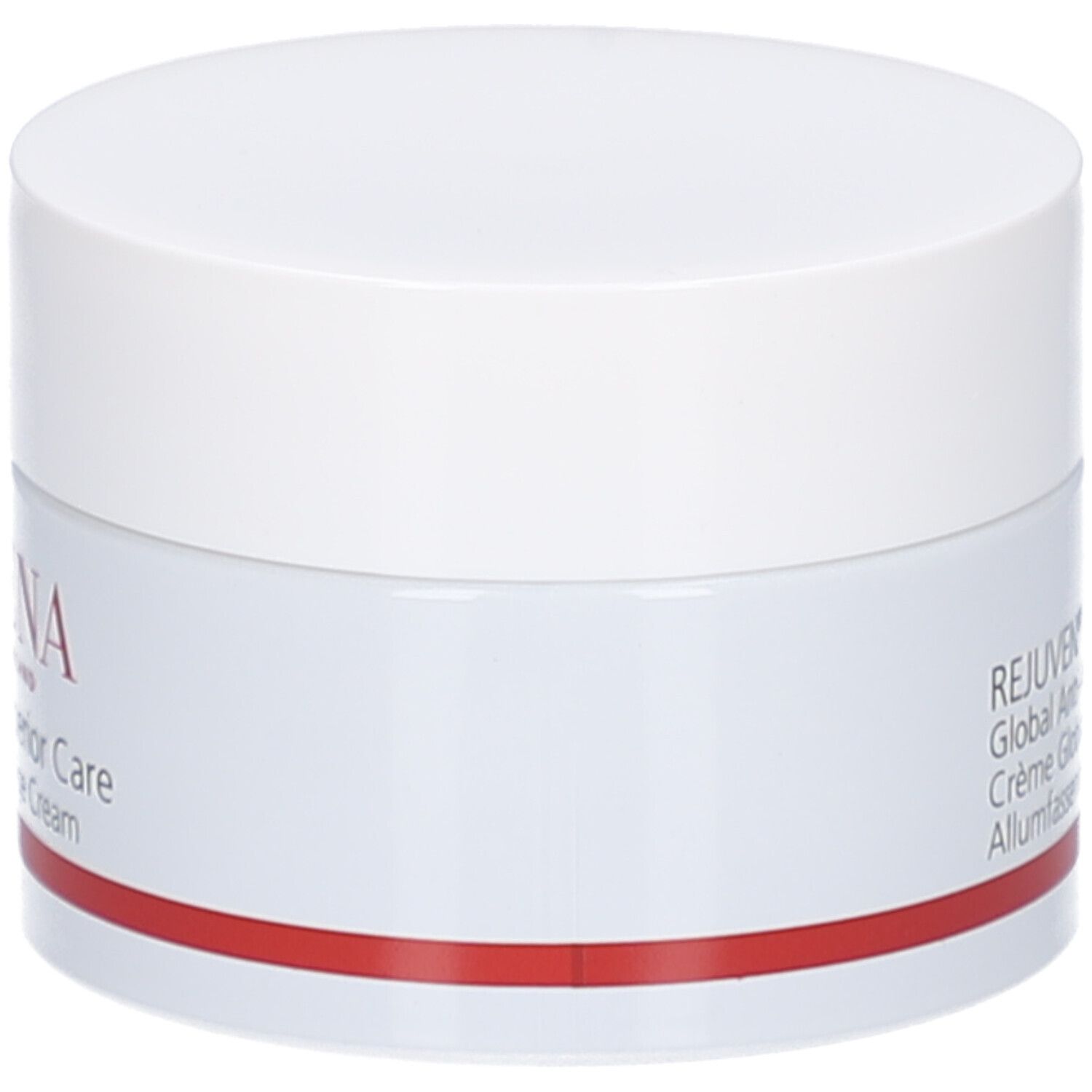 Creme-Tiegel mit weißem Deckel. Aufschrift: REJUVEN® Superior Care, Global Anti-Age Cream. Roter Streifen.