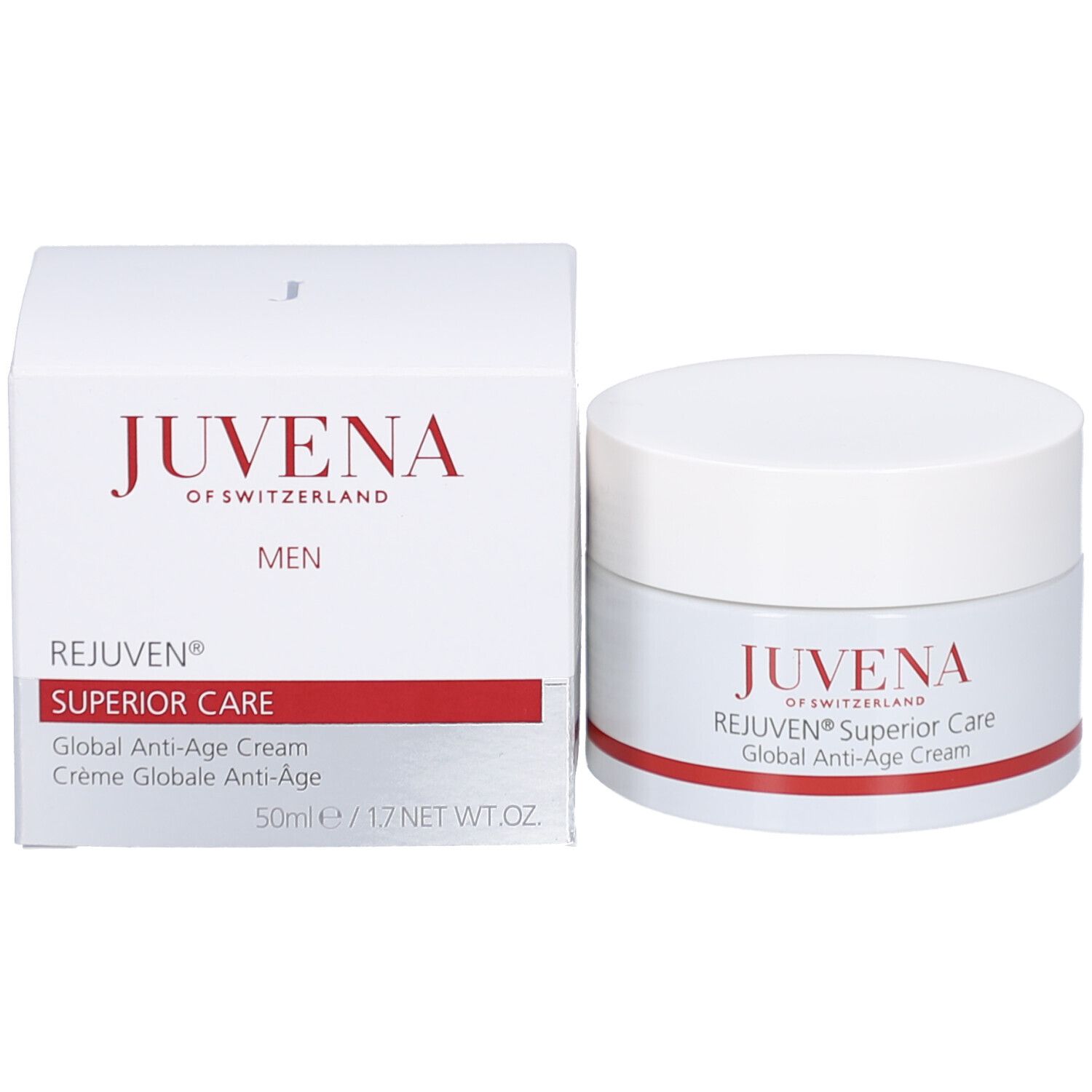 Creme-Tiegel mit weißem Deckel. Aufschrift: JUVENA, REJUVEN® Superior Care, Global Anti-Age Cream. Roter Streifen.