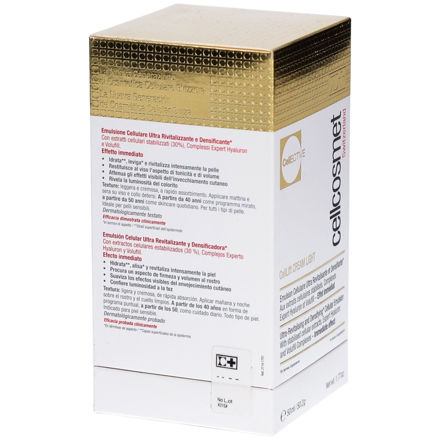 Rückseite der Cellcosmet CellLift Cream Light Schachtel. Text in Deutsch, Französisch, Englisch und Spanisch. Produktinformationen.