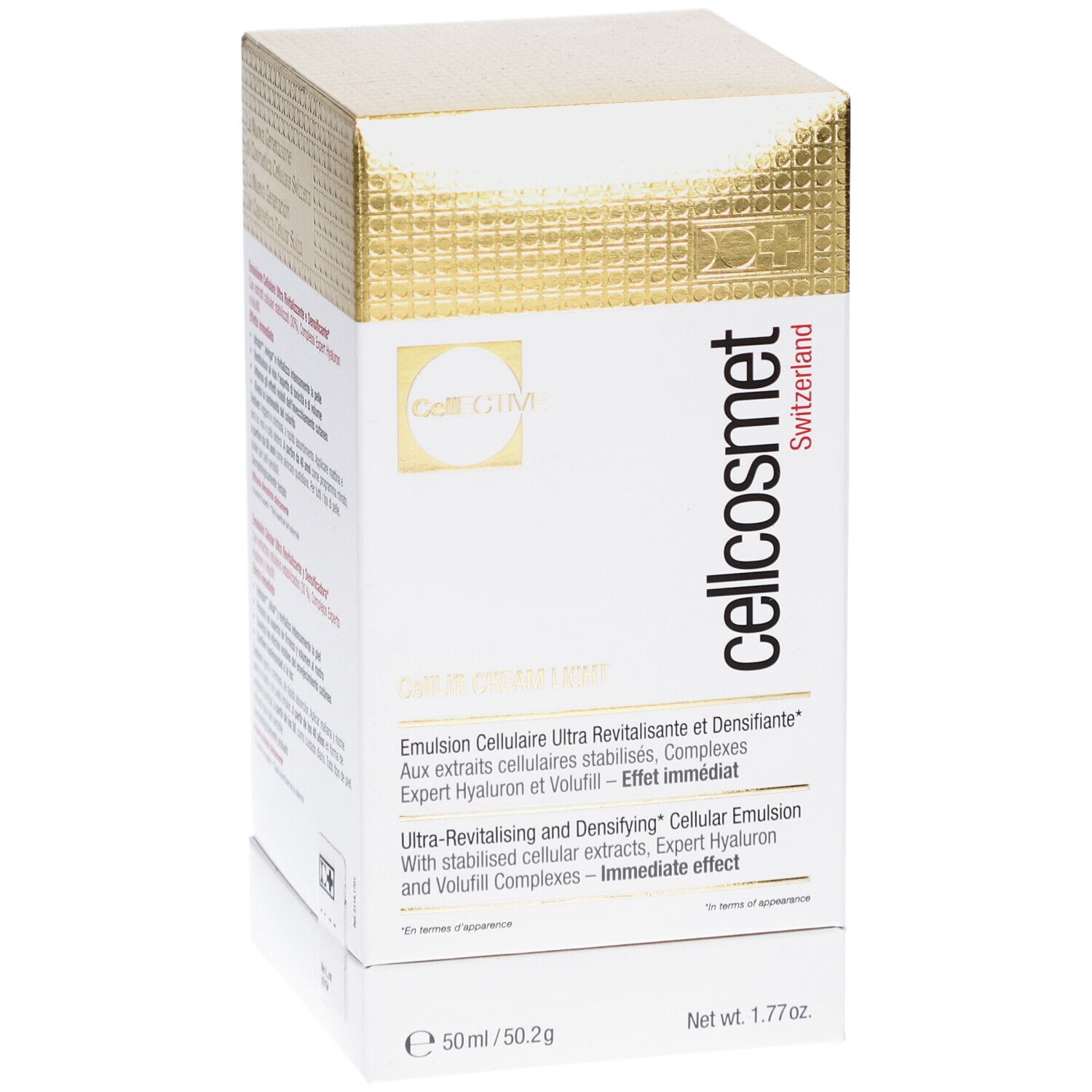 Cellcosmet CellLift Cream Light Schachtel. Weiß und goldfarben. Text: Cellcosmet, CellEctive, Produktname und Inhaltsangaben.