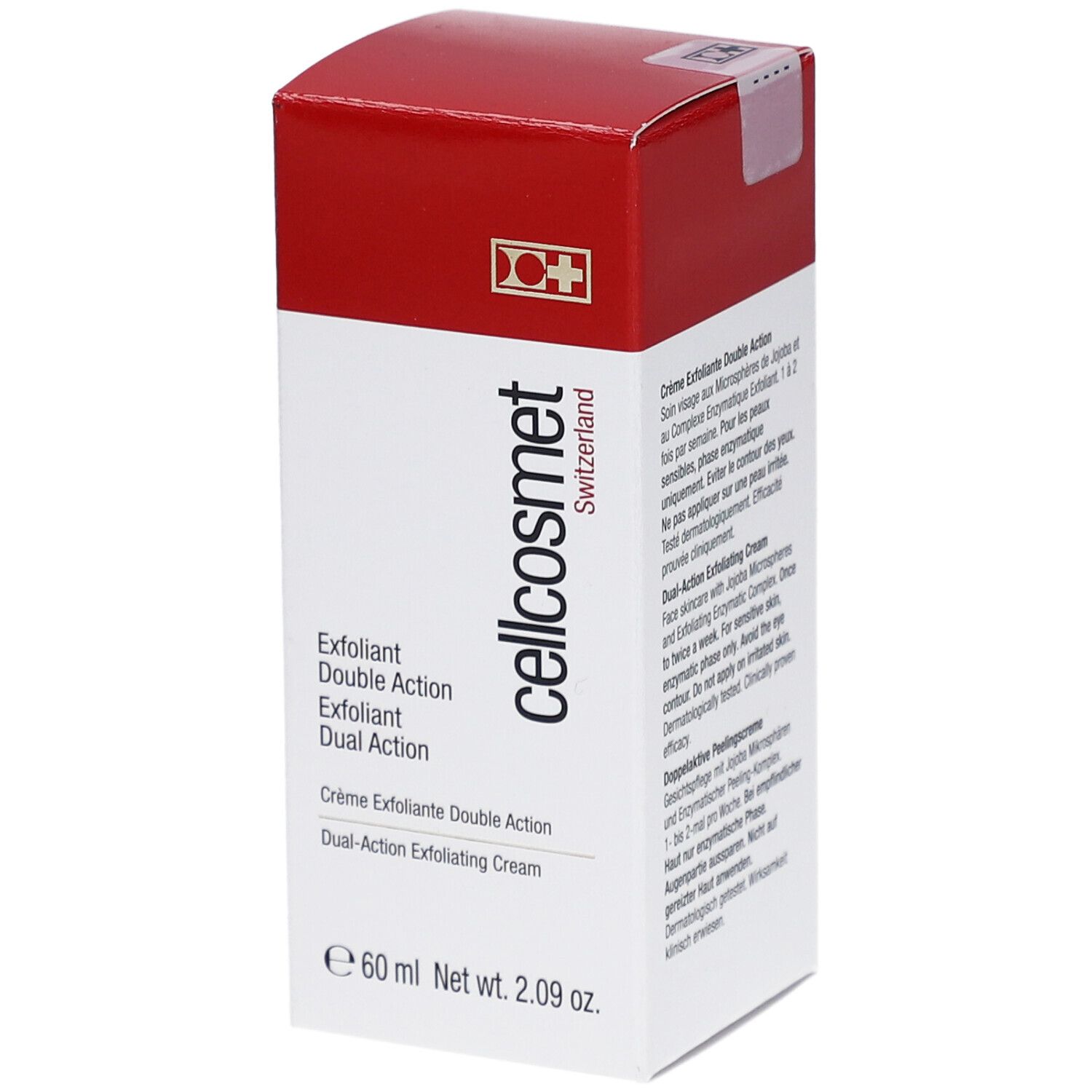 Cellcosmet Exfoliant Double Action. Weiße Box mit rotem Deckel. Produktname und Logo. 60 ml. Schweizer Kreuz.