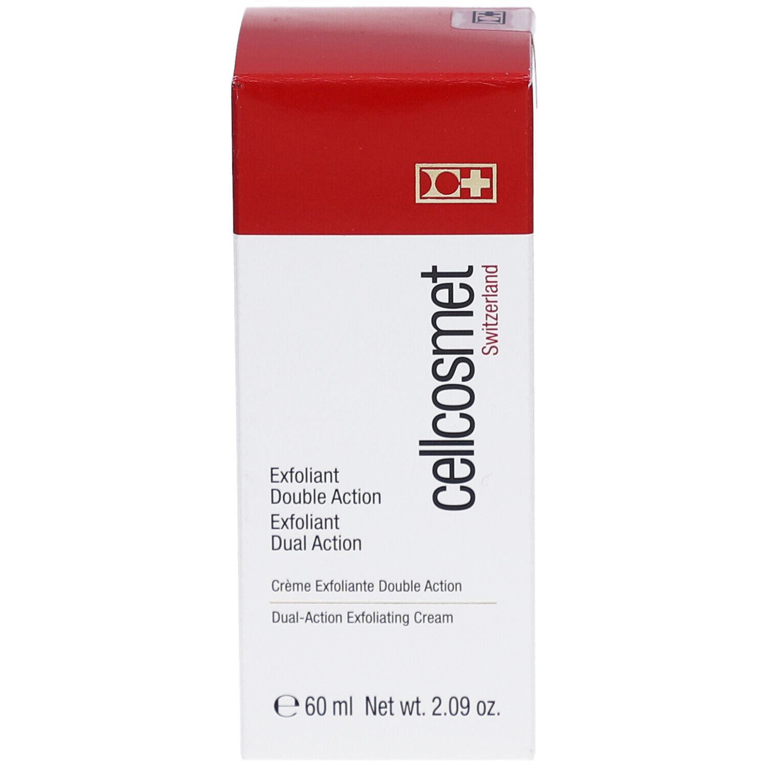 Cellcosmet Exfoliant Double Action. Weiße Box mit rotem Deckel. Produktname und Logo. 60 ml. Schweizer Kreuz.