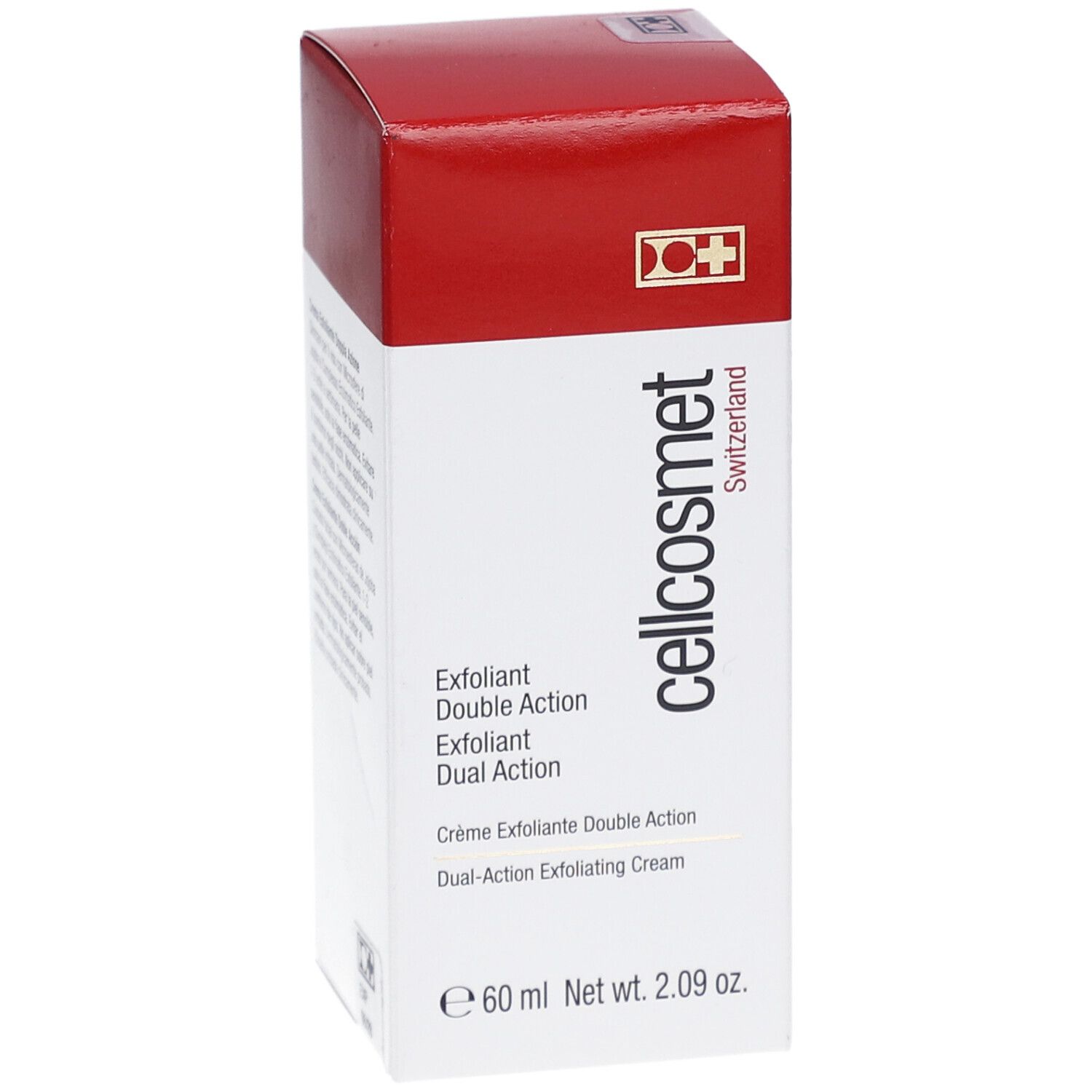 Cellcosmet Exfoliant Double Action. Weiße Box mit rotem Deckel. Produktname und Logo. 60 ml. Schweizer Kreuz.
