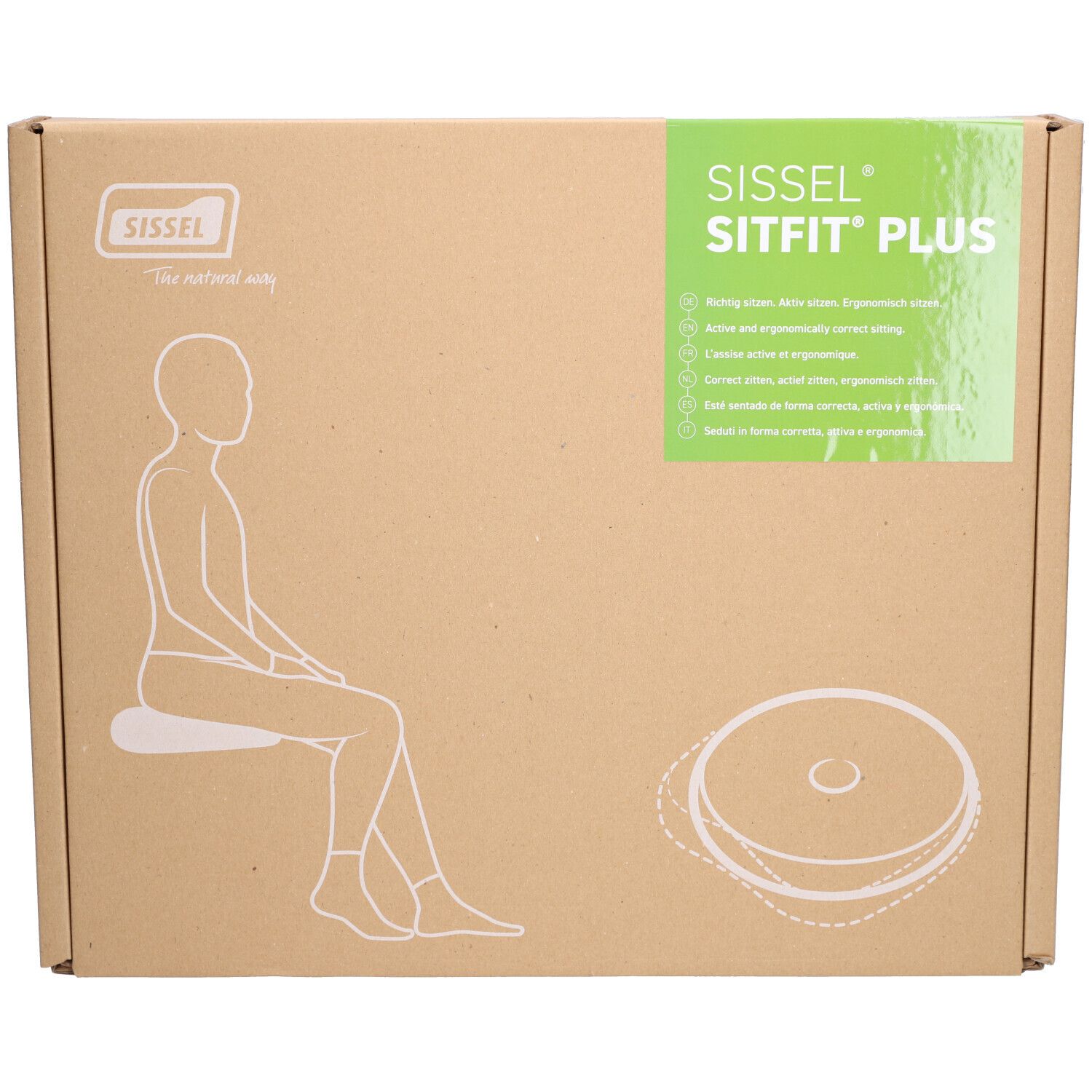 Kartonverpackung mit Produktabbildung und Schriftzug Sissel Sitfit Plus. Illustration einer Person auf dem Kissen.