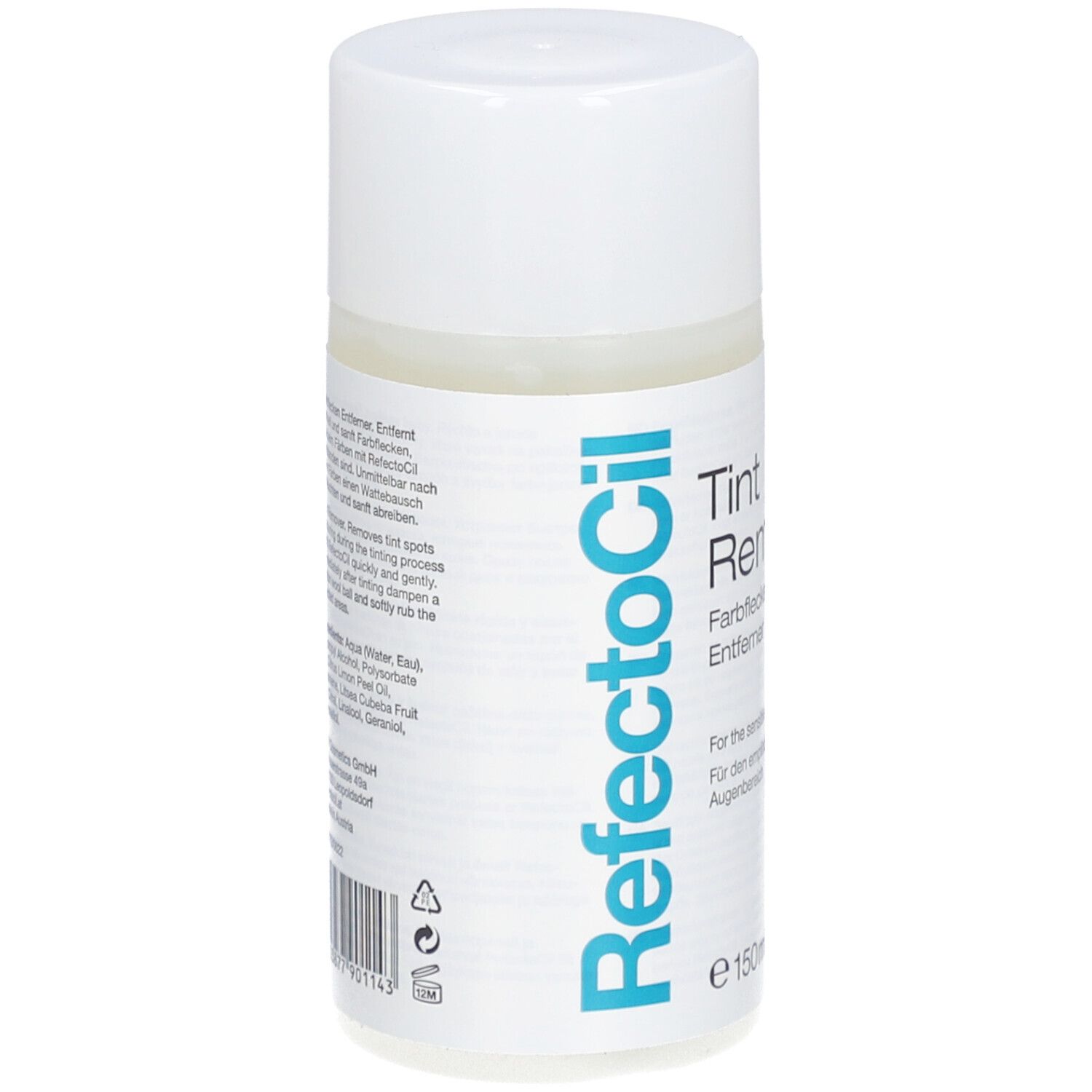 Weiße Flasche mit blauem Etikett. Text: RefectoCil, Tint Remover, Farbfleckenentferner. Für empfindliche Augenpartie.