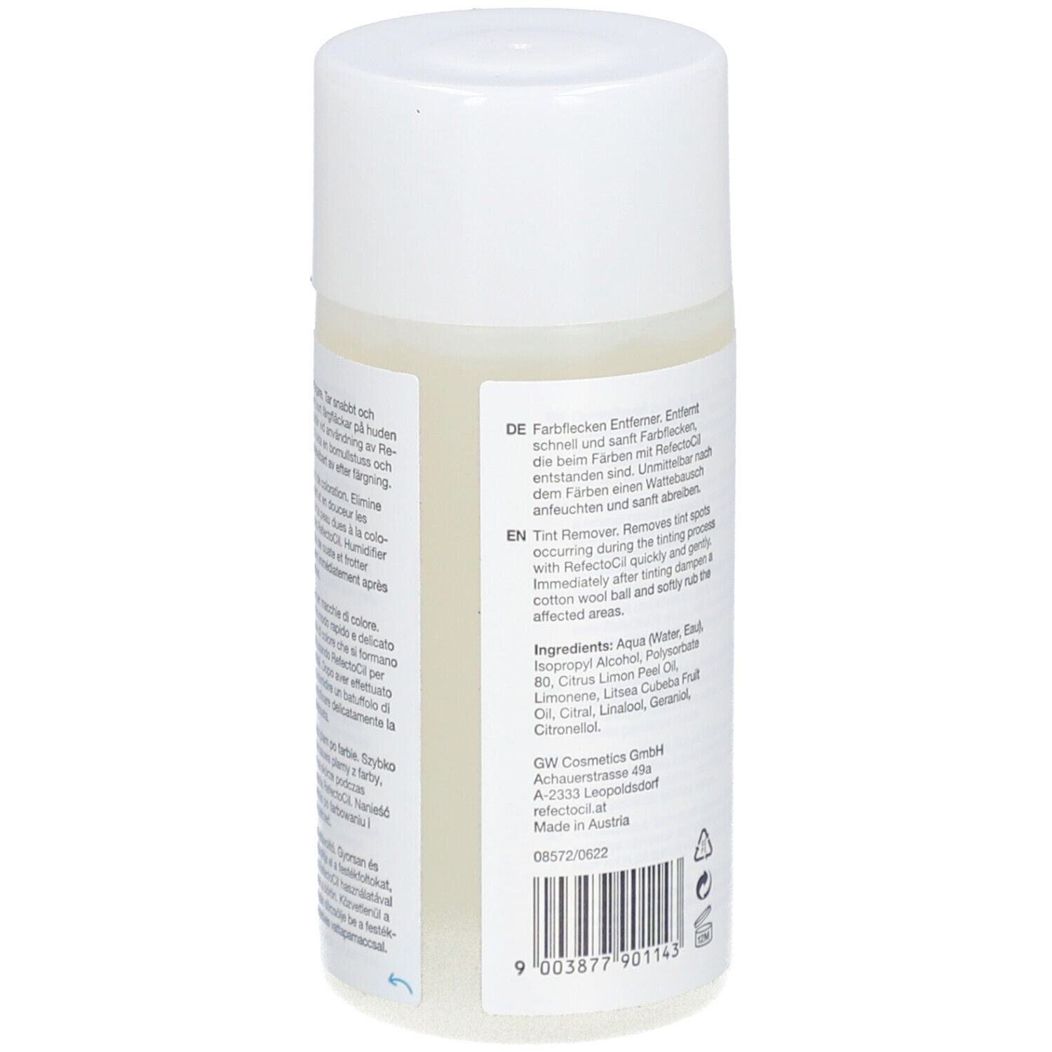 Weiße Flasche mit Text. Enthält Aqua, Alkohol, Polysorbat 80, Zitronenöl, u.a. Für empfindliche Augenpartie.