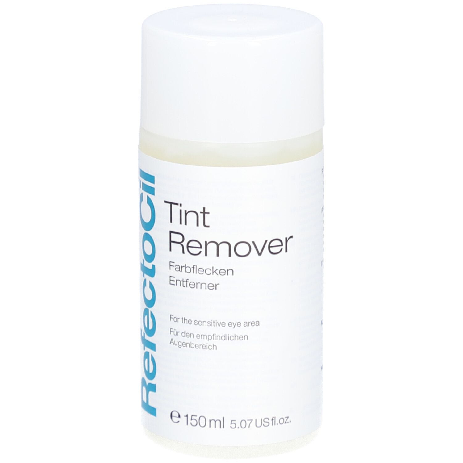 Weiße Flasche mit blauem Etikett. Text: Tint Remover, Farbfleckenentferner. Für empfindliche Augenpartie. 150ml.