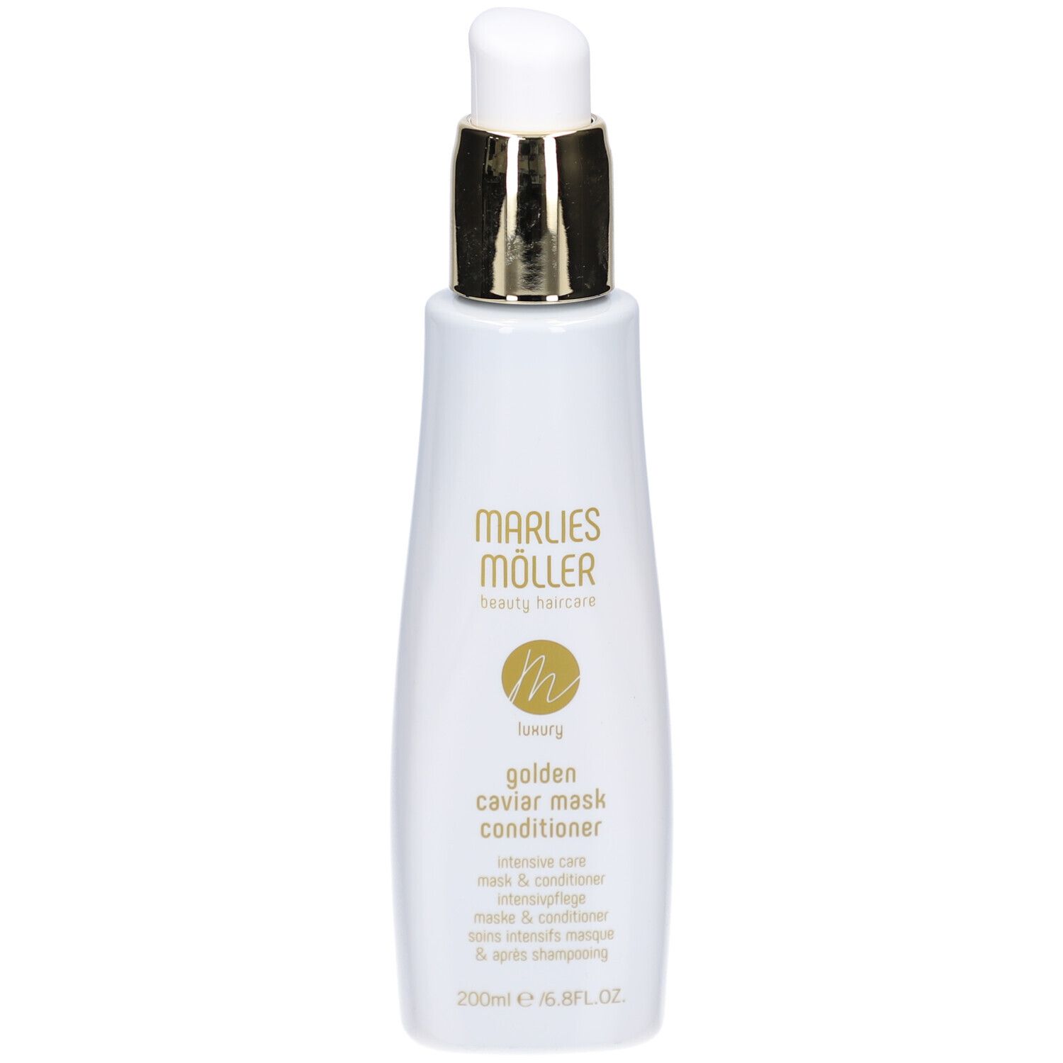 Goldene Verpackung mit Produkt. Aufschrift: Marlies Möller, Luxury Golden Caviar Mask Conditioner.