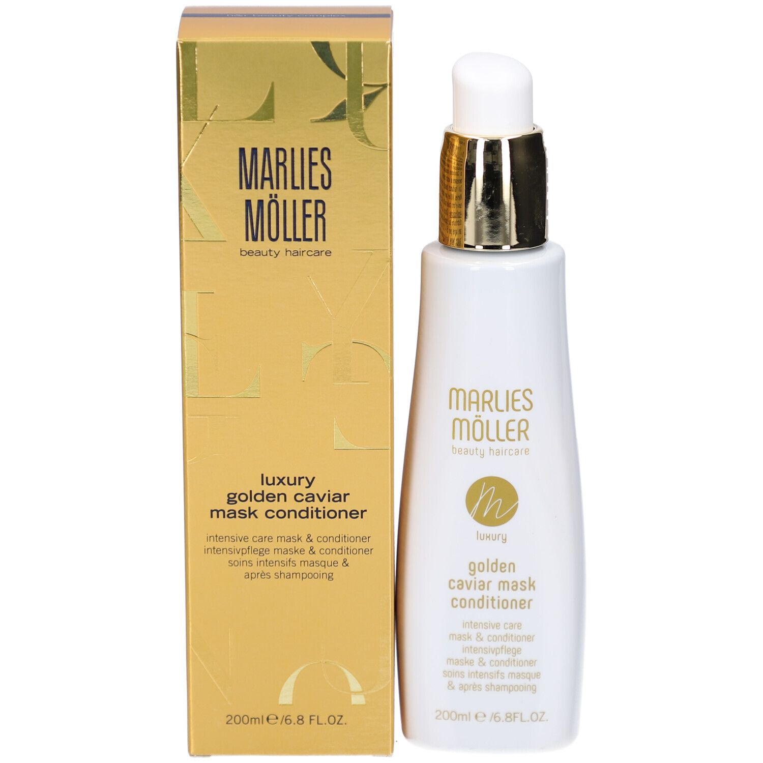 Goldene Verpackung mit Produkt. Aufschrift: Marlies Möller, Luxury Golden Caviar Mask Conditioner.