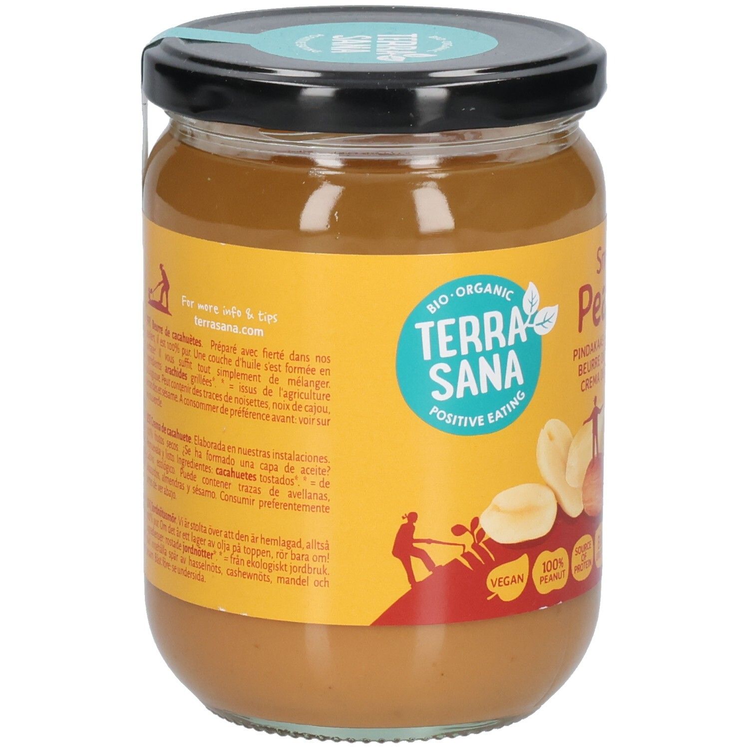 Glas mit Erdnussmus. Aufschrift: Terra Sana, Bio. Text auf gelbem Hintergrund. Schwarzer Deckel.