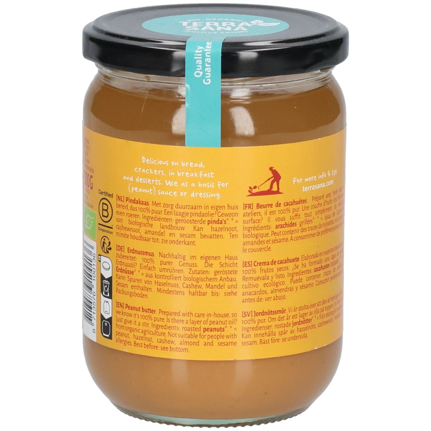Glas mit Erdnussmus. Aufschrift: Terra Sana, Bio. Text auf gelbem Hintergrund. Schwarzer Deckel.
